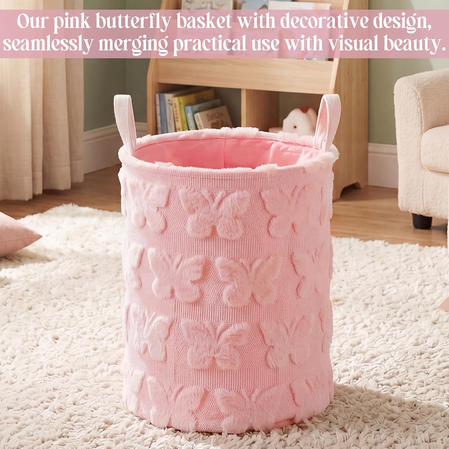 Pink Butterfly Laundry Hamper 18 x 14 Inch Fluffy Laundry Pink Butterfly Basket for Girls Nursery Hamper Foldable Storage Bin with Handle for Home Clothes Organization