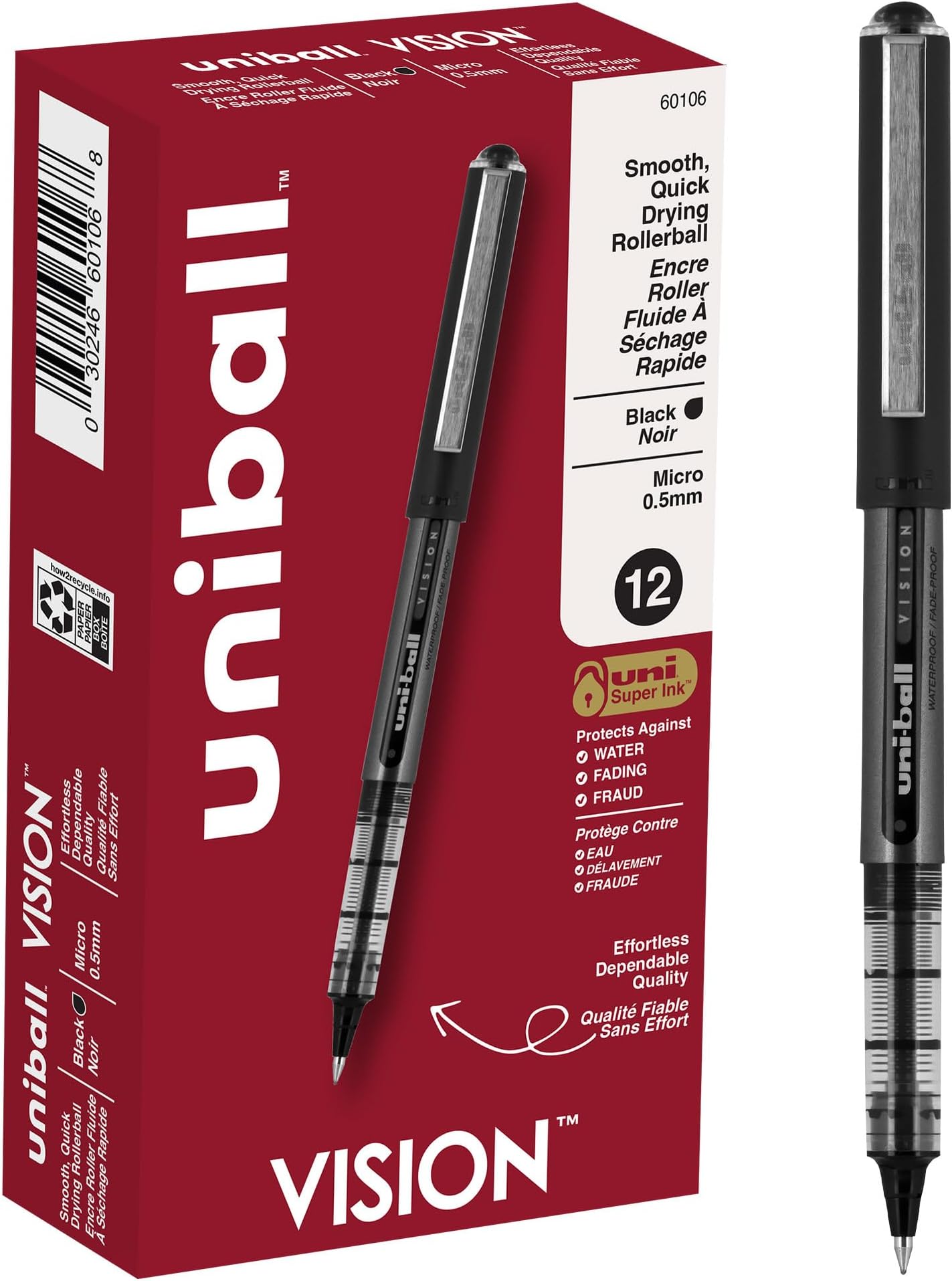 Uniball Vision Rollerball Pen - 12 Pack, Black Pens, 0.5mm Micro Tip Size - Smooth Writing Japanese Pens, School Supplies