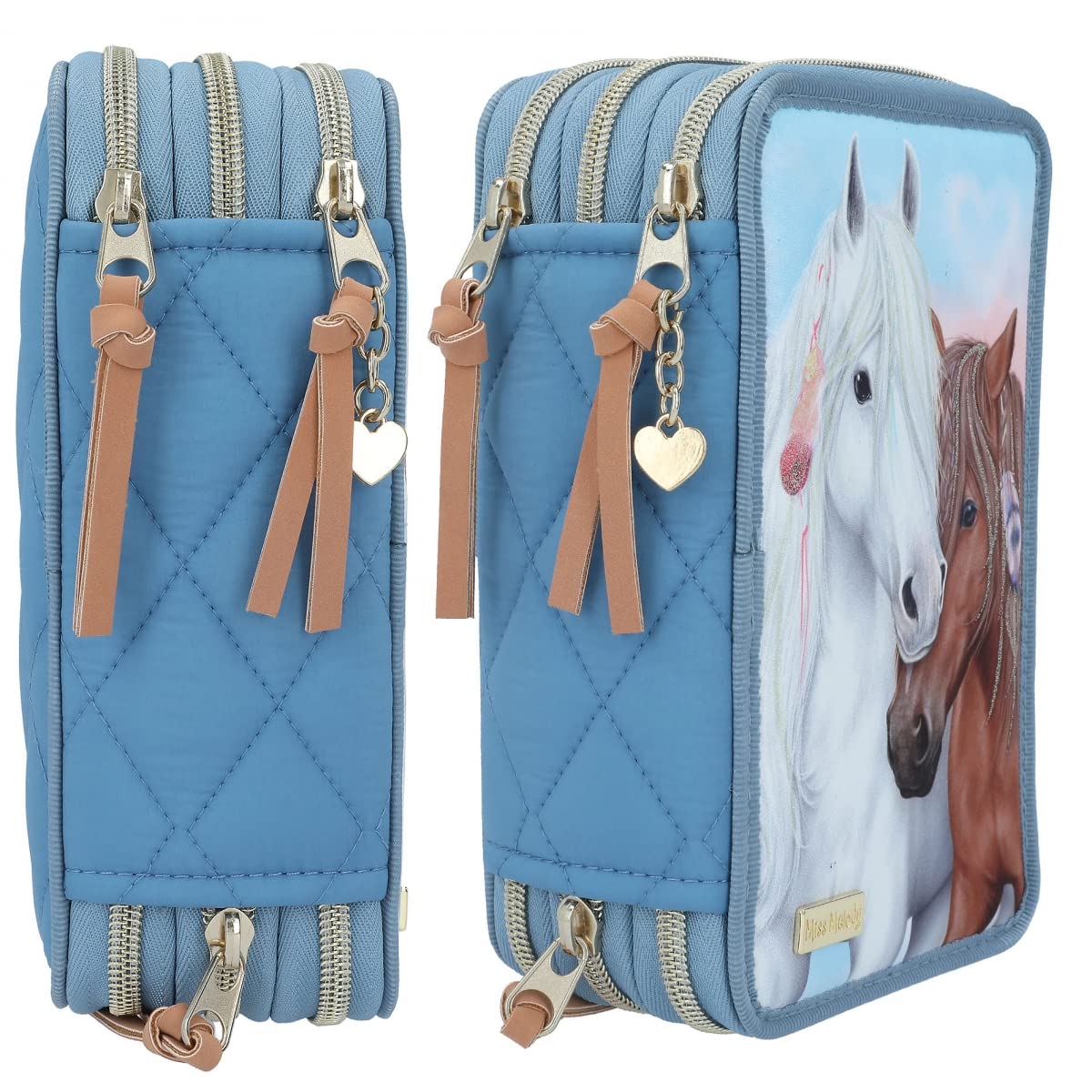 Depesche 12022 Miss Melody Blue Quilt - Gefüllte 3-Fach Federtasche mit Pferde-Motiv und Gold-Details, Federmäppchen in Blassblau mit Buntstiften, Lineal, Schere uvm.