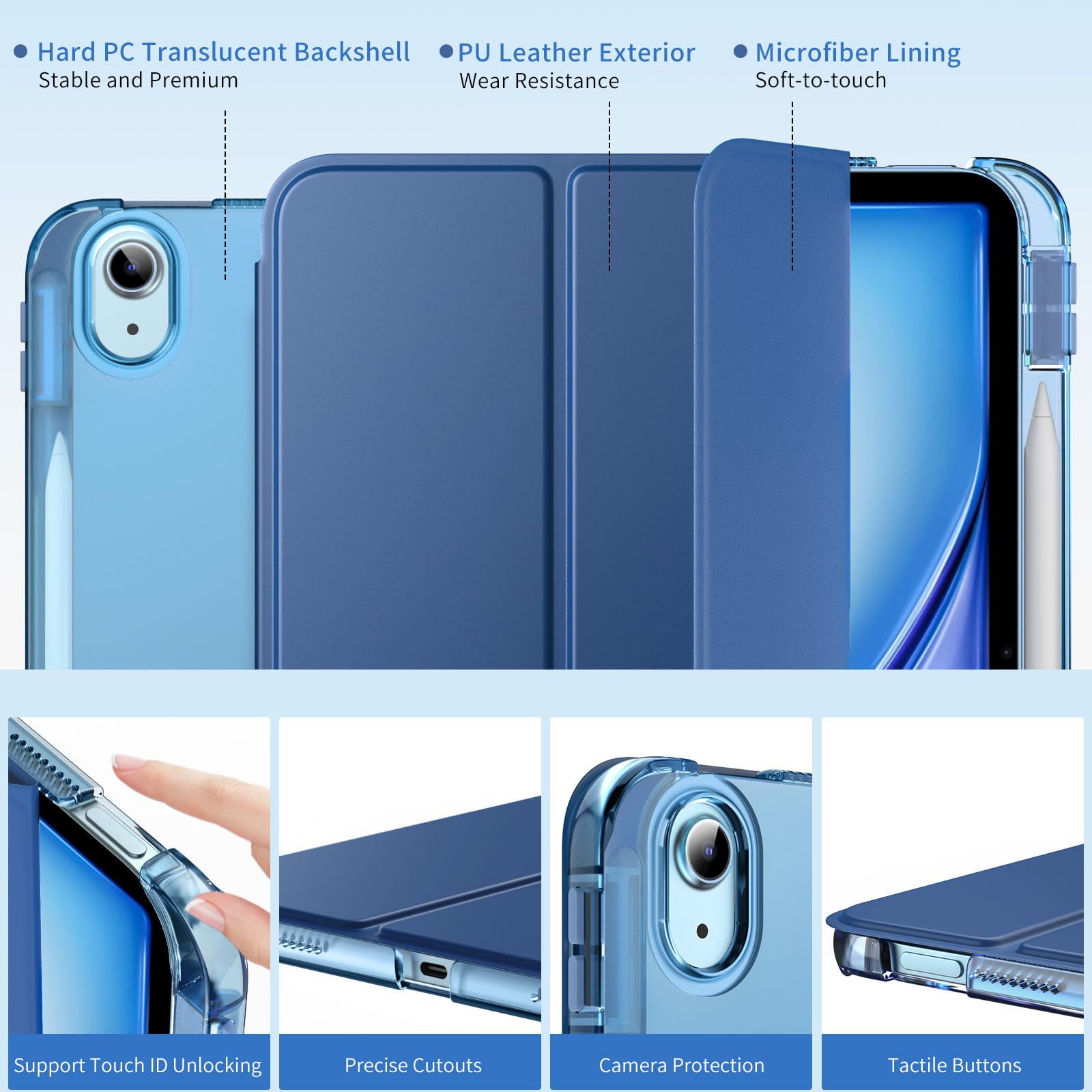 MoKo Cover per iPad Air 11 Pollici Case M3/M2 2025/2024, iPad Air 5a/4a Gen 10,9" Custodia 2022/2020 con Portapenna, Cover Trifold Sottile e Leggera con Retro in PC Rigido Traslucido, Blu Marino