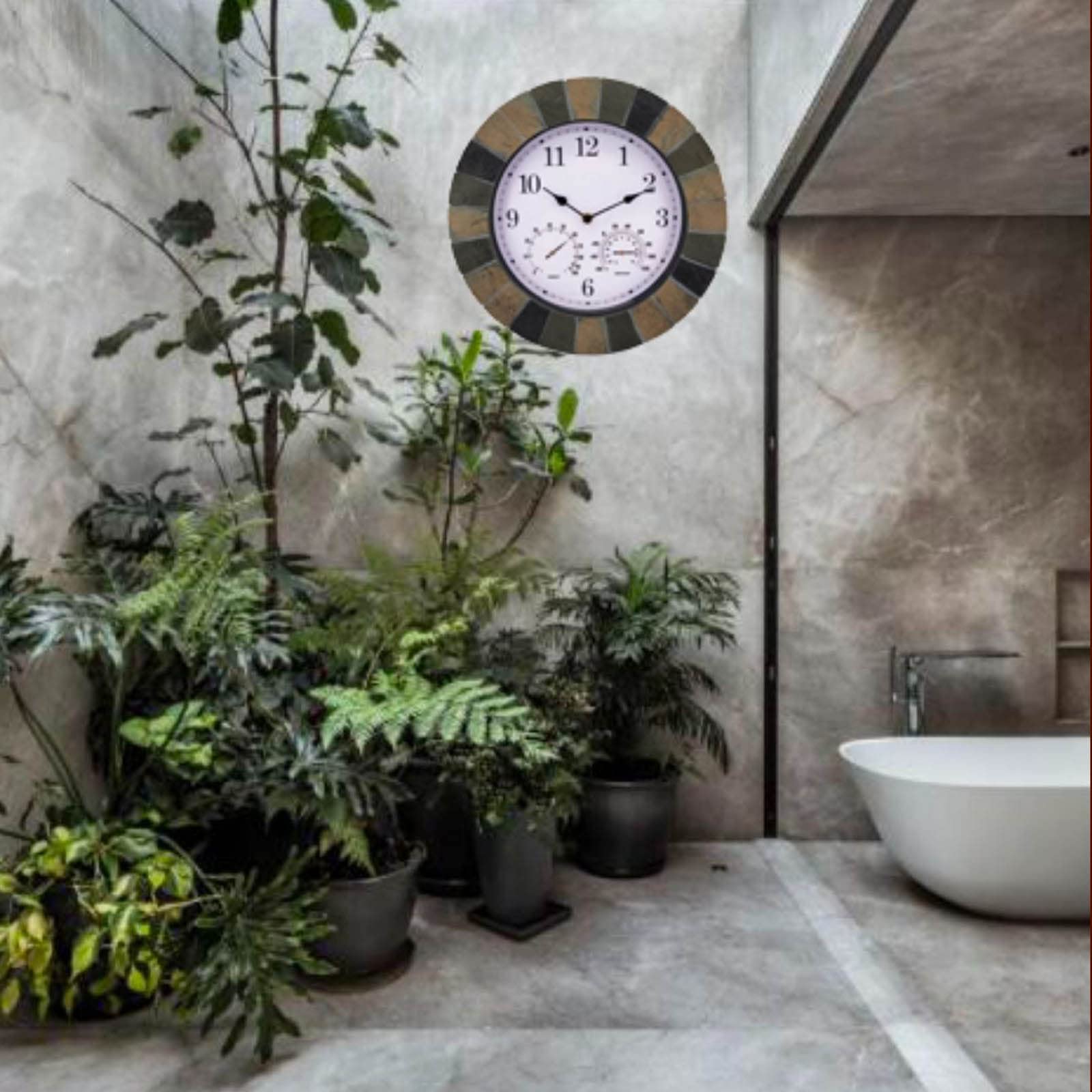 Reloj de pared para interiores y exteriores de 13 pulgadas con temperatura y humedad, funciona con pilas, reloj silencioso para temperatura y humedad del hogar