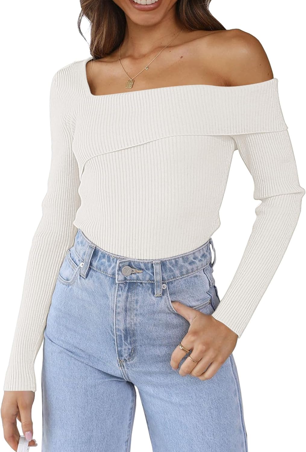 LILLUSORY Womens Off The Shoulder Sweaters Going Out Fall Sexy Knit Pullover Lightweight Asymmetrical Tops Clothes 2026