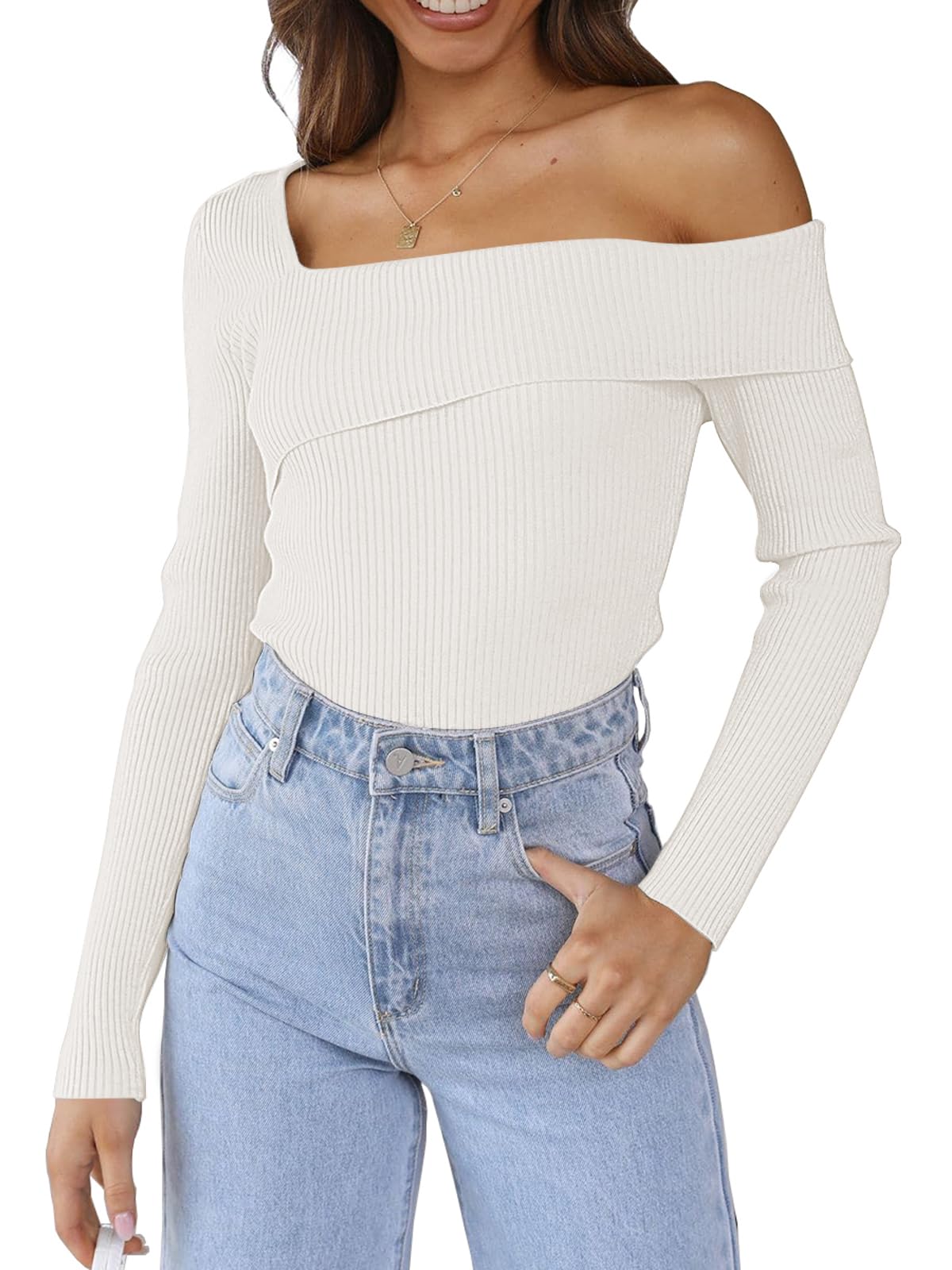LILLUSORY Womens Off The Shoulder Sweaters Going Out Fall Sexy Knit Pullover Lightweight Asymmetrical Tops Clothes 2025