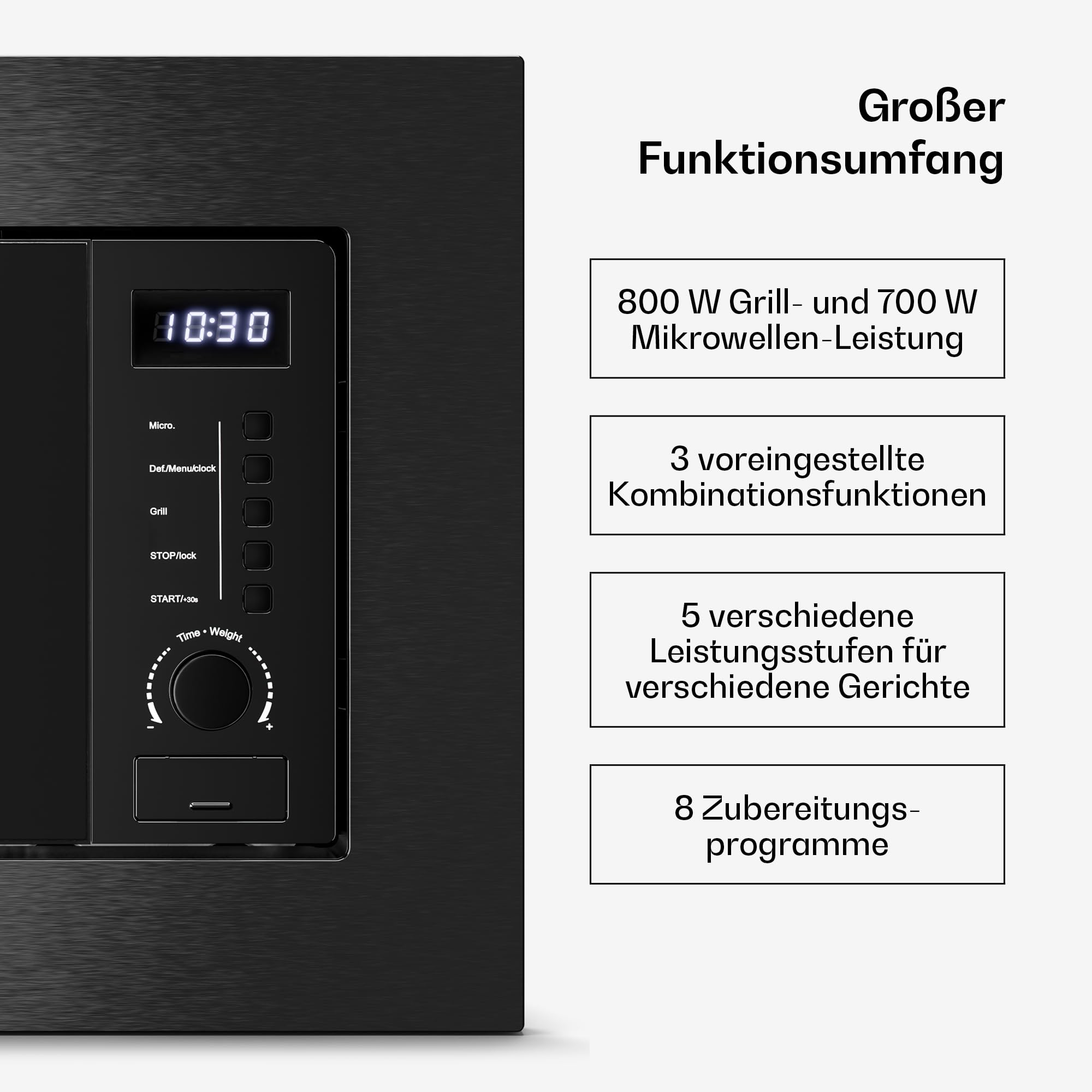 Klarstein Verosteel Einbaumikrowelle 60 cm mit Grill – 20L, 700W Mikrowelle & 800W Grill, 8 Programme, Touch-Bedienung, Edelstahl, Auftaufunktion, LED-Innenbeleuchtung, Schwarzer Edelstahl