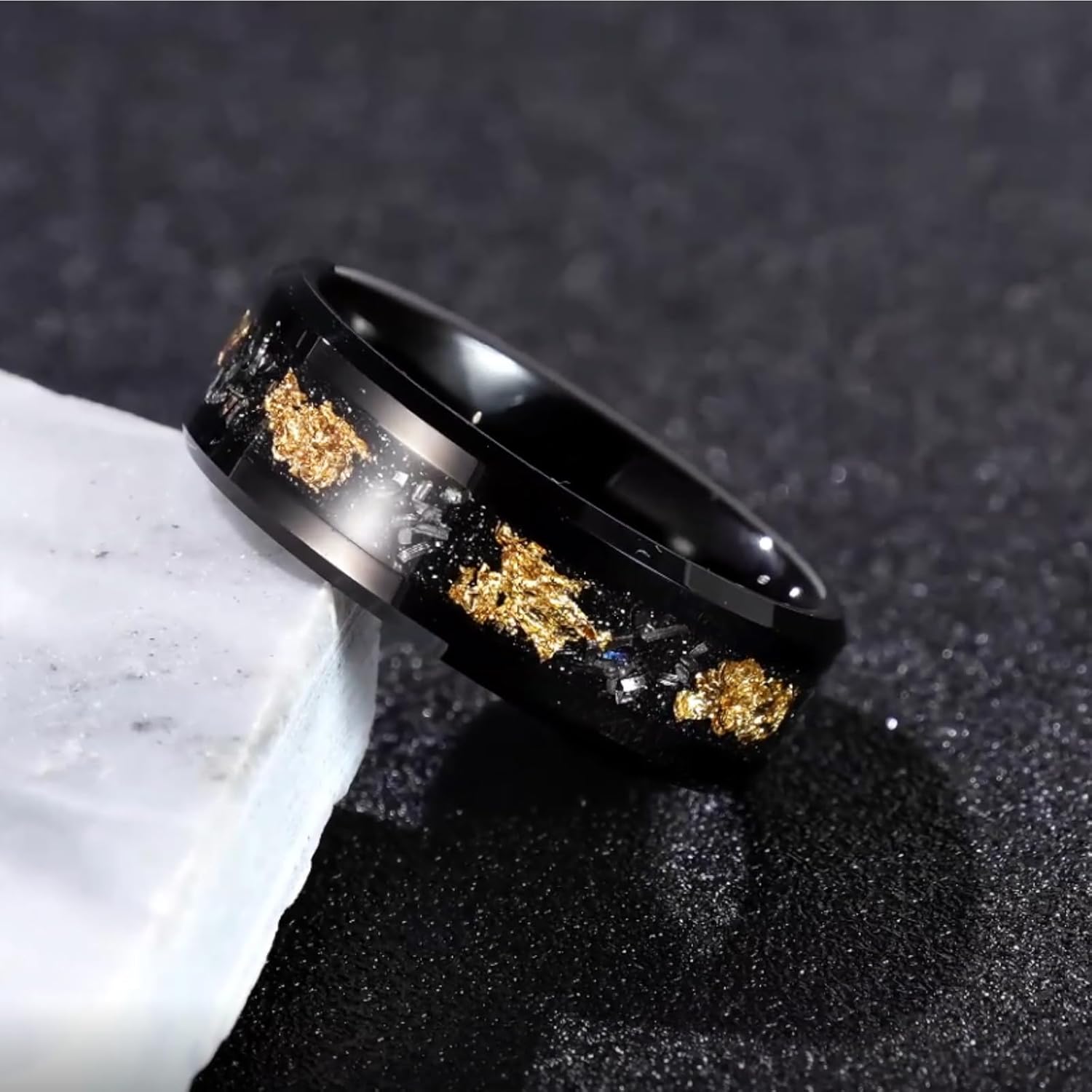 NUNCAD 8mm Black Tungsten Rings for Men, Meteorite Rings for Men With Gold Foil Inlay Beveled Edge, Promise Engagement Wedding Bands High Polished Comfort Fit Size 7-12 - Image 2