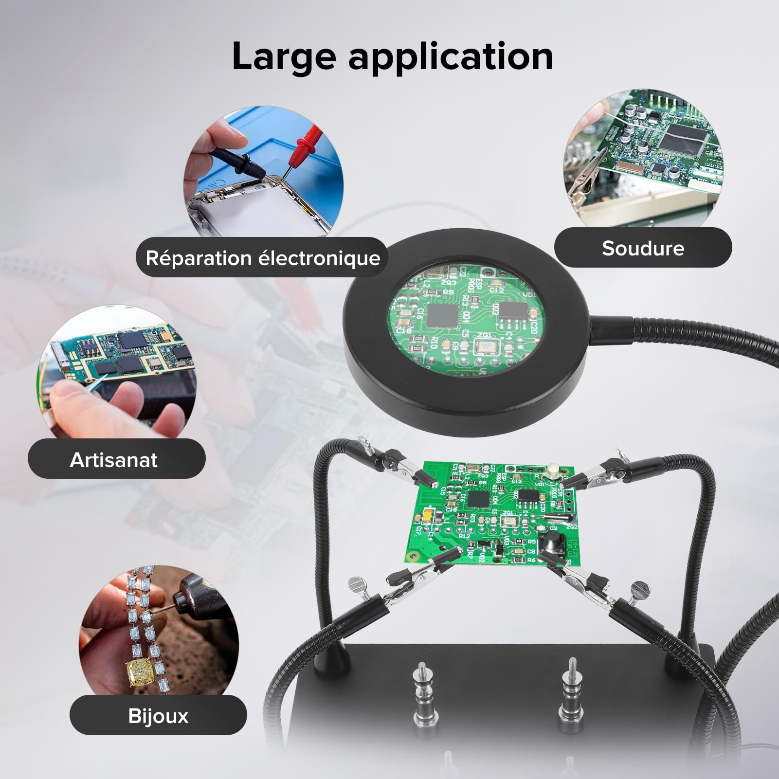 Loupe Soudure, Station de Soudage, Troisieme Main avec Lampe Loupe 6x, Bras Aimantés Flexibles, Support de Carte de Circuit Imprimé, Base en Métal Robuste pour Soudure Electronique