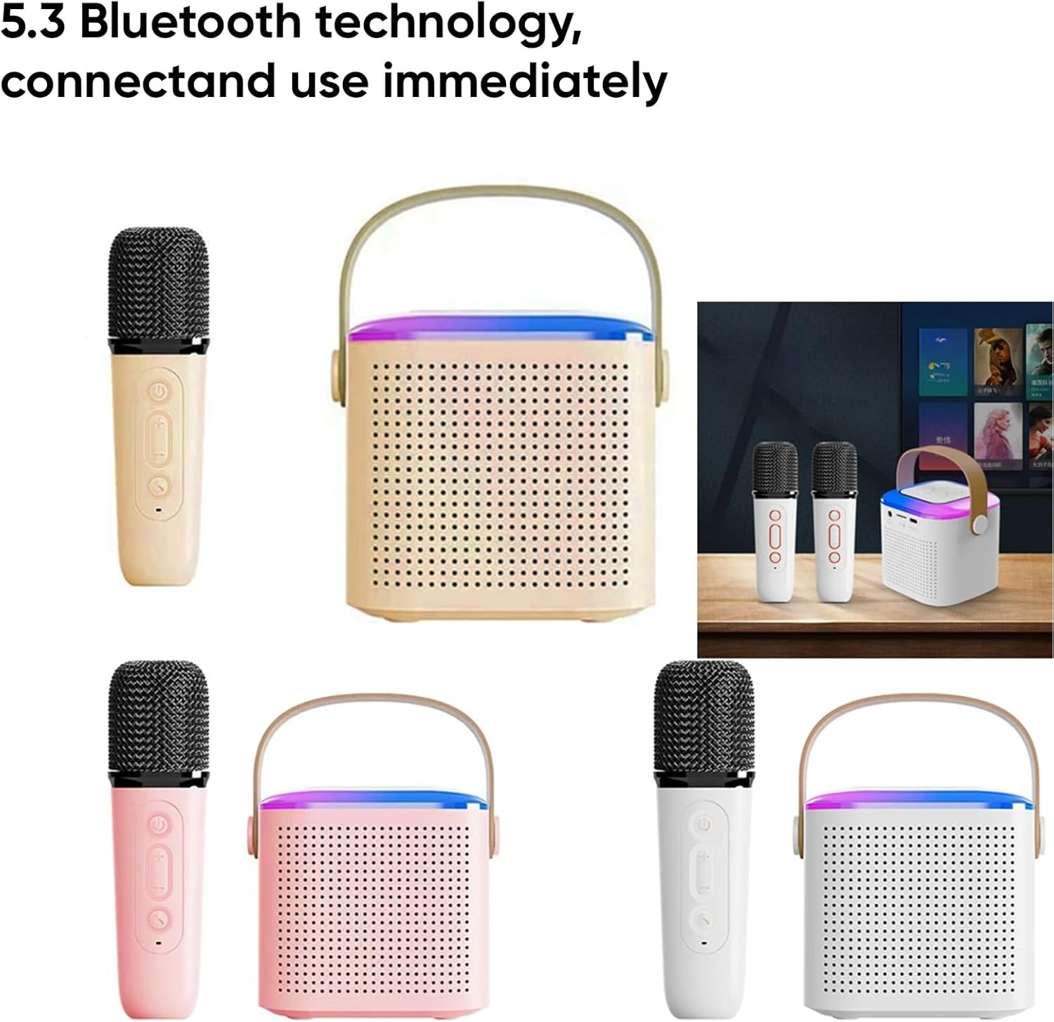 Karaoke Machine for Kids and Adults, Mini Karaoke Bluetooth Mic Singing Speaker with Wireless Microphones and 7 Color Lights, Toys for All Phones, Birthday, Children's Day Gift, Family Party (Beige) - Image 4