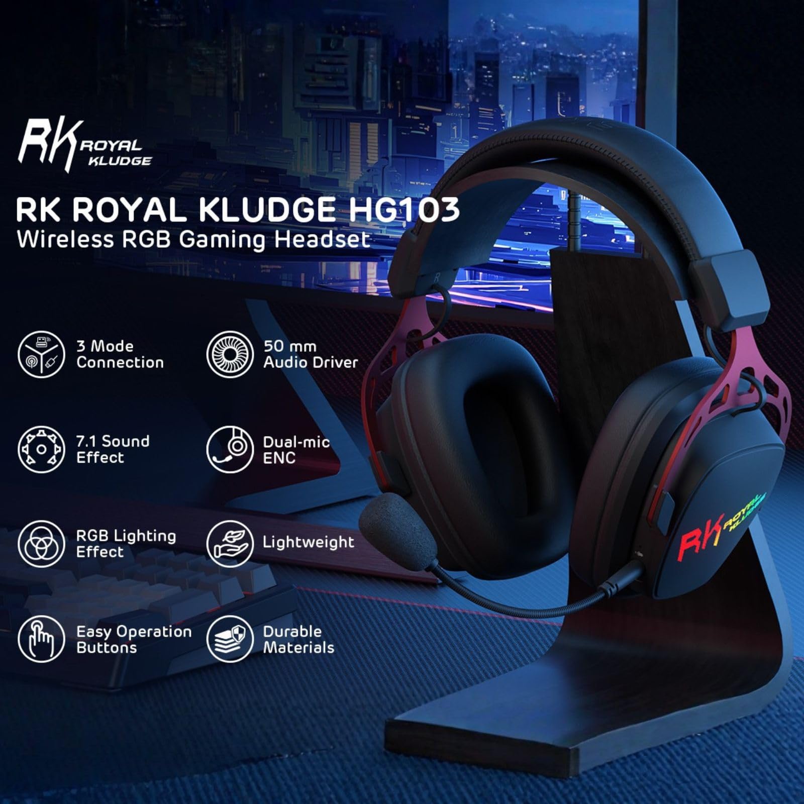 RK ROYAL KLUDGE HG103 - Auriculares inalámbricos para juegos para PS5, PS4, PC, Switch, BT5.3/2.4G/3.5 mm, RGB con cable con micrófono con cancelación de ruido, controladores de 50 mm, marco duradero