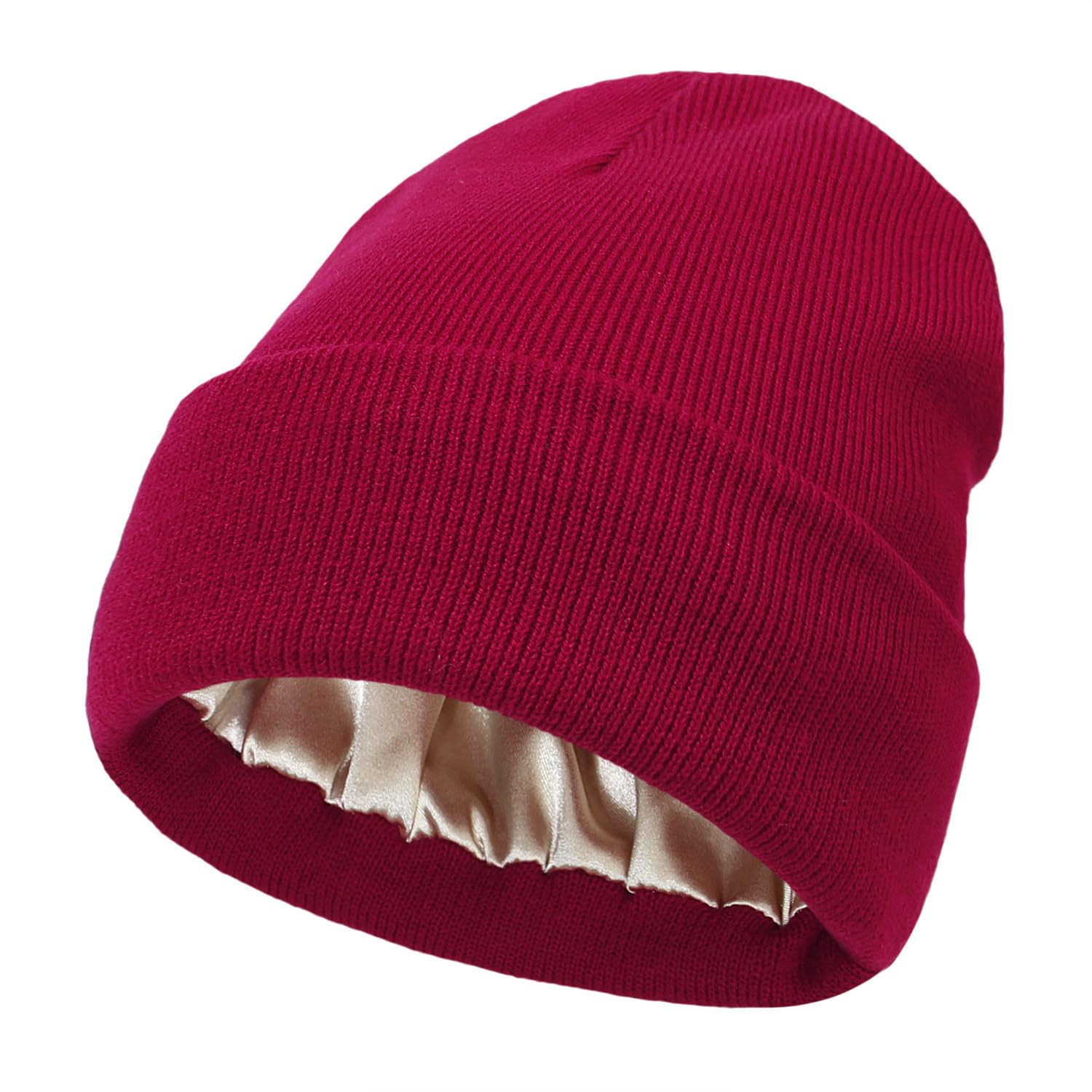 Taphet Women's Wine Red No Static No Frizz No Tangle Hat, Satin Lined Hats For Winter Silk Lined Beanie, Knit Solid Slouchy Sleep Hats