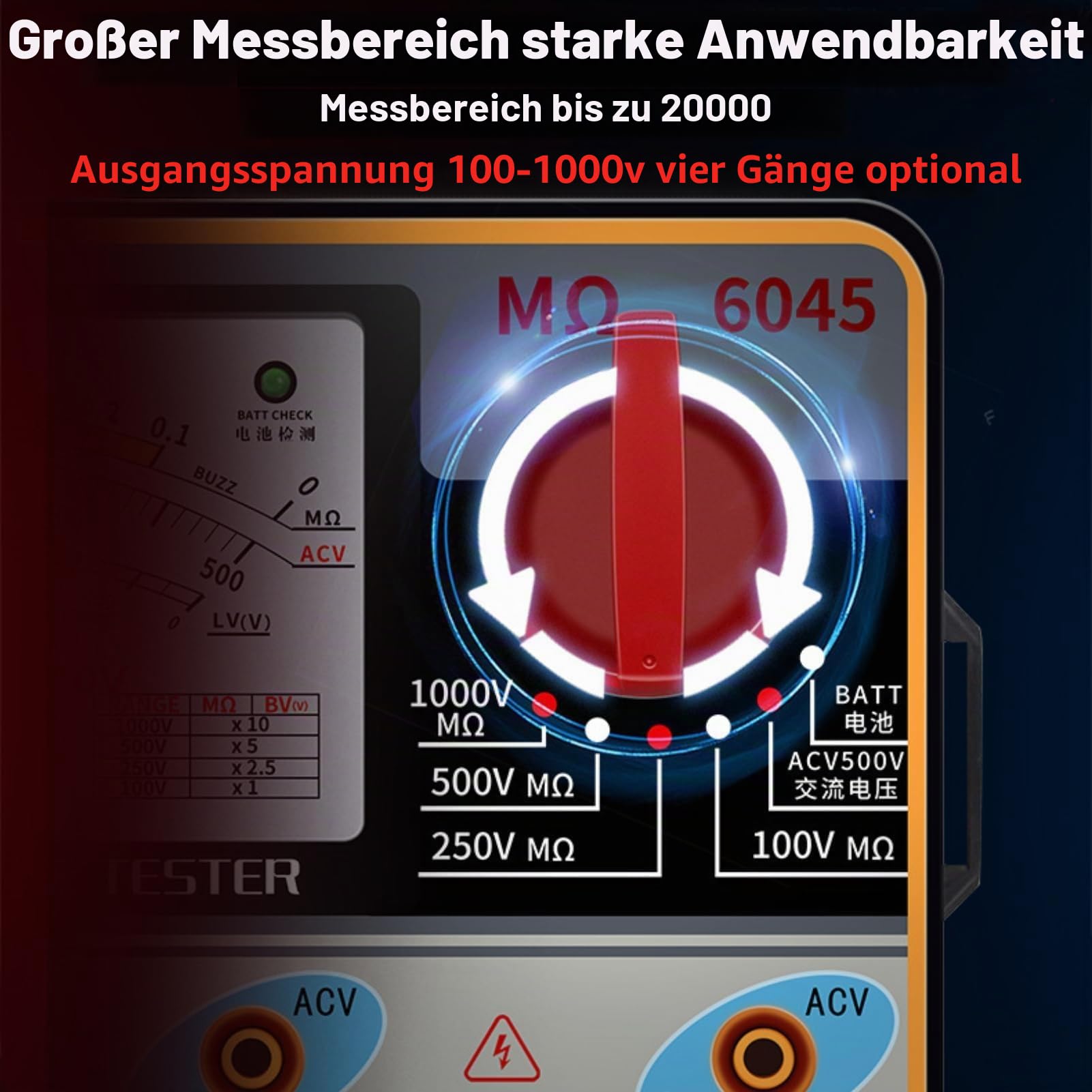 TY6045 Isolationswiderstandstester Megohmmeter tragbar 1000 V 5 MΩ-2000 MΩ Widerstand Messung ohm Messgerät ABS Meter 10-2000 m ± 10% Bogenlänge