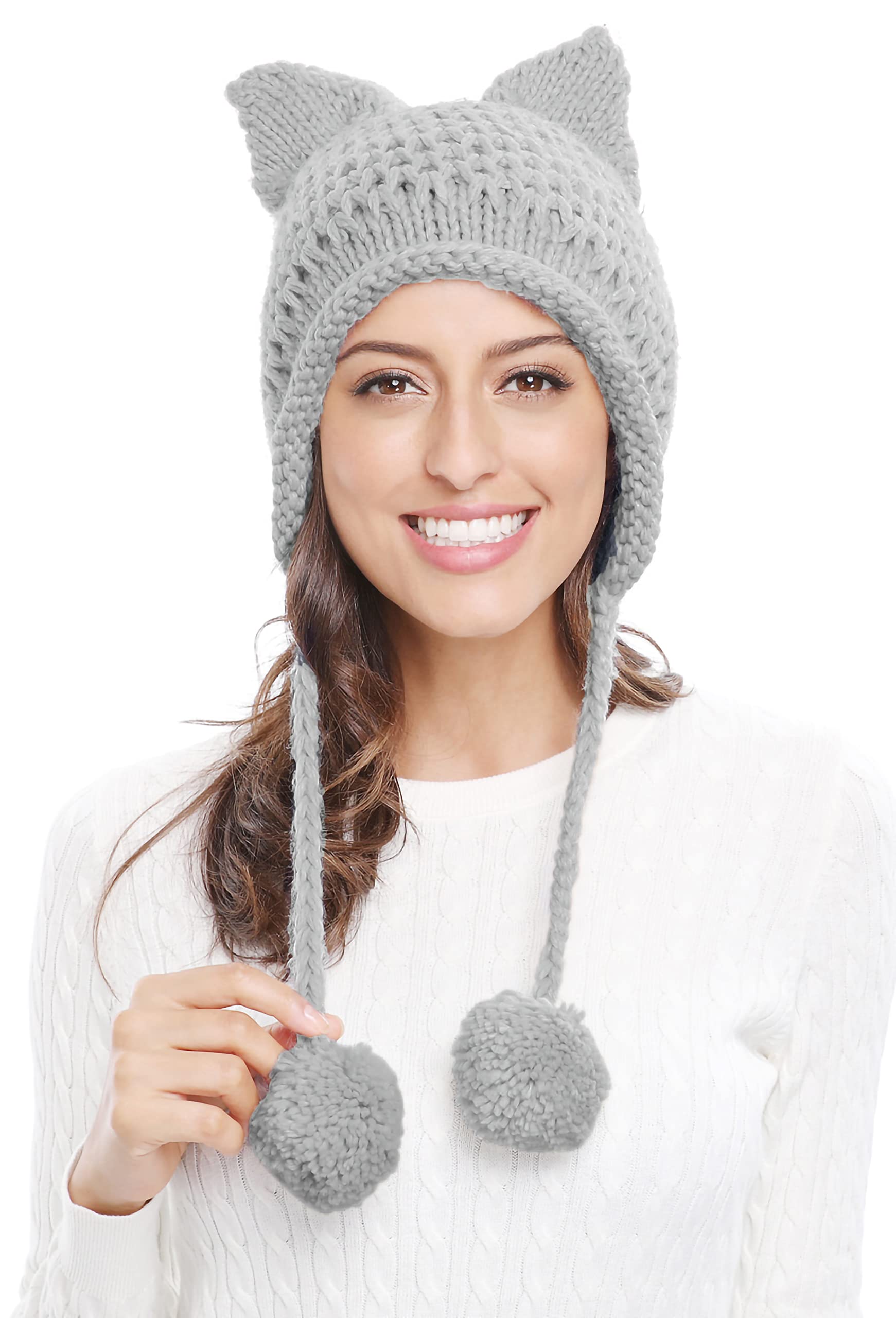 Bellady Winter Cute Cat Ears Knit Hat Ear Flap Crochet Beanie Hat
