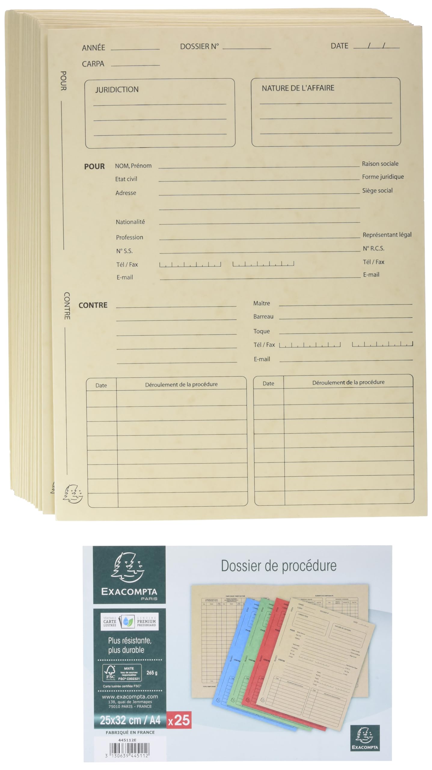EXACOMPTA Pack 25 chemises Avocat Imprimées Procédure 265g Ivoire