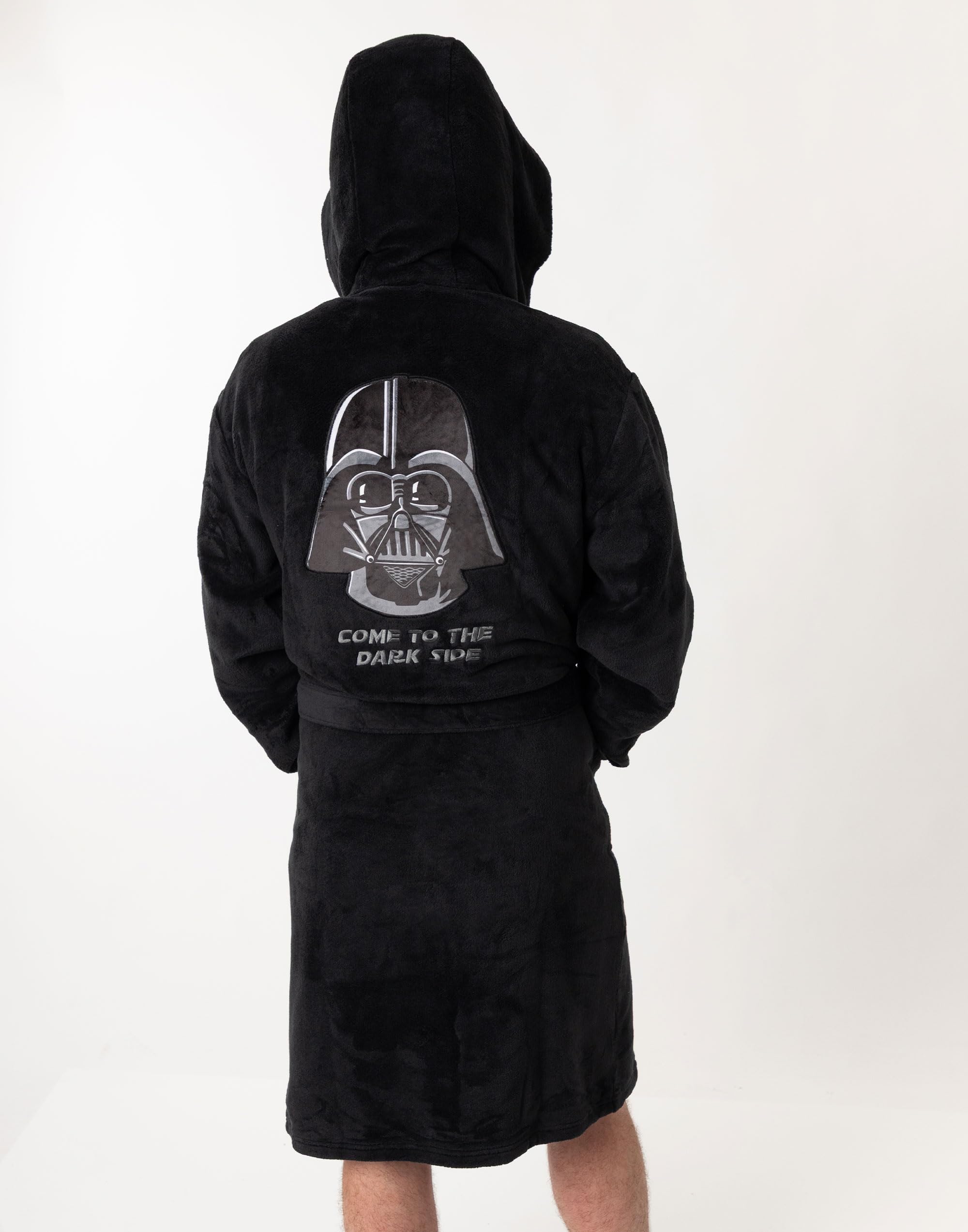 Star Wars Albornoz negro con capucha de Darth Vader para hombre | Ropa de estar en casa de forro polar retro con texto Ven al Lado Oscuro | Albornoz cómodo para relajarse | Merchandising