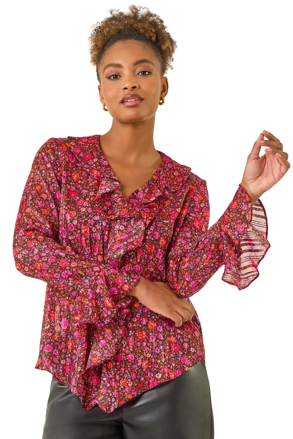 Roman Women's Pink Floral Frill Metallic Blouse In | : Size 18
