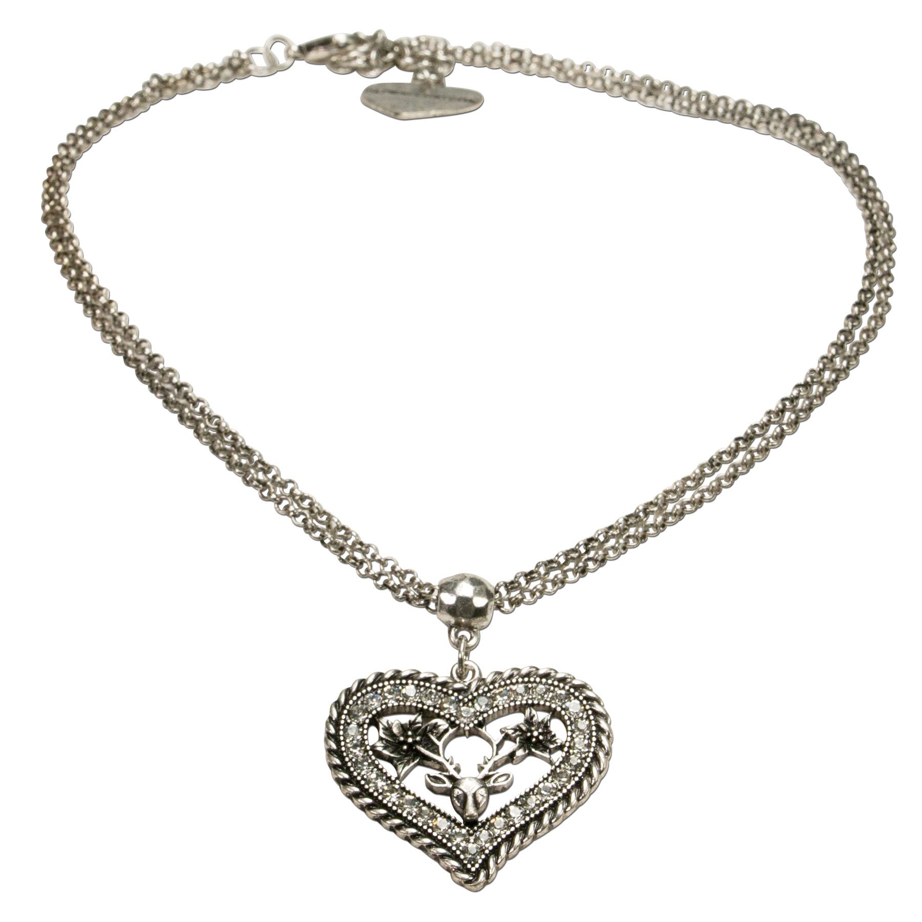 Alpenflüstern Trachtenschmuck-Set Trachten-Halskette und Ohrstecker Strassherz Hirsch - Damen-Trachten-Schmuck, Trachtenset Trachtenkette und Trachten-Ohrringe antik-Silber-Farben SET041