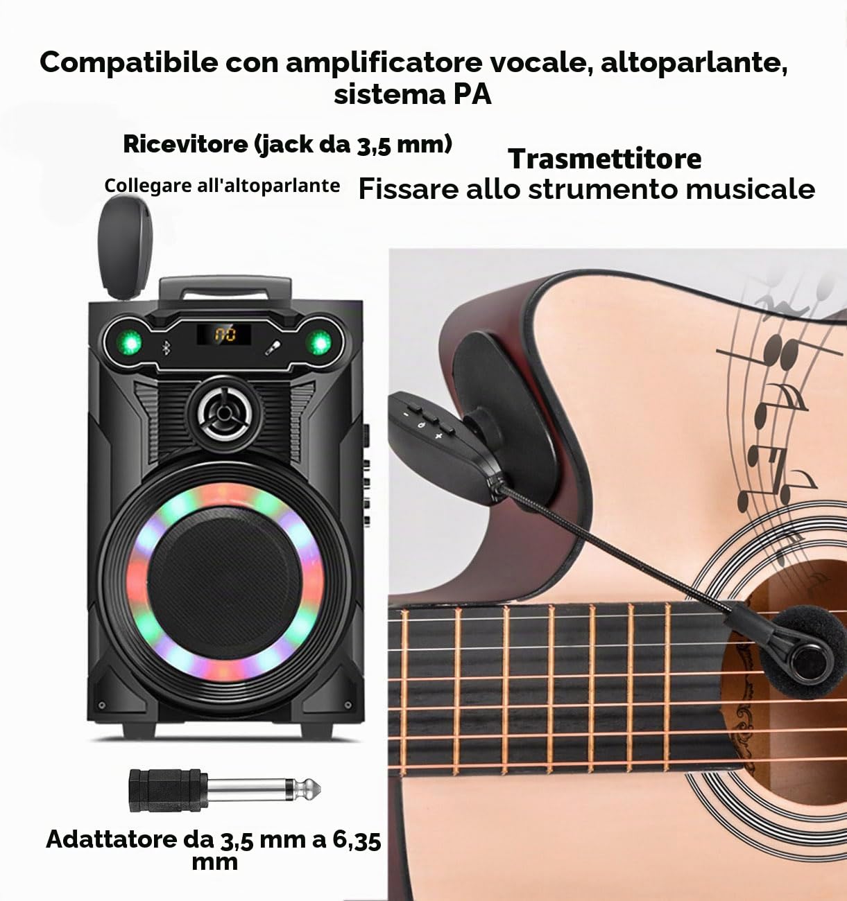 Microfono Wireless per Strumenti Musicali con Ventosa, Ricevitore e Trasmettitore Wireless, per Chitarra, Violino, Banjo e altro ancora