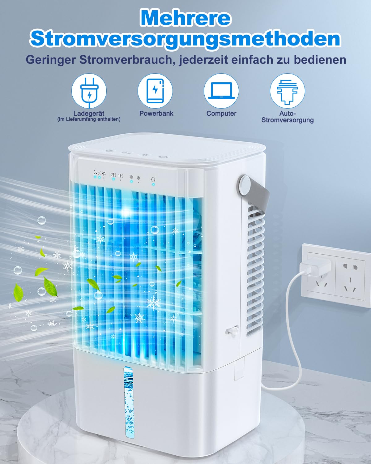 RenFox Mobiler Klimaanlage 4 in 1 Energiesparender Mini Luftkühler mit großem wassertank (1200 ml), 3 Stufen Verdunstungskühlung, 7 Farb LED, Timer und geräuscharm für Home Office und Schlafzimmer