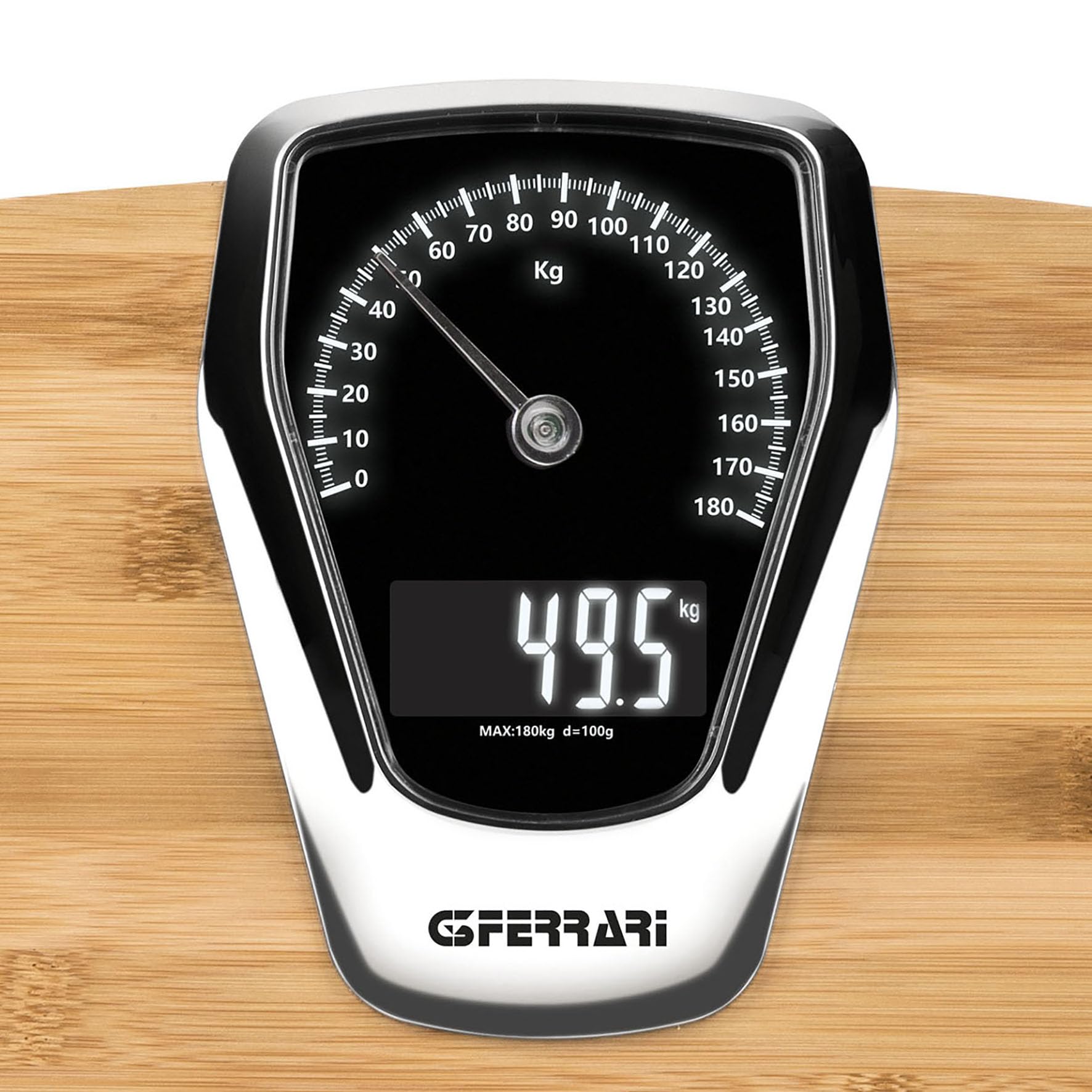 G3 Ferrari G30047 Formula Elegance Bilancia Elettronica, 100 gr/180 Kg, Display LCD Retroilluminato, Pedana Bambù, Doppio Display Analogico e Digitale, Accensione automatica