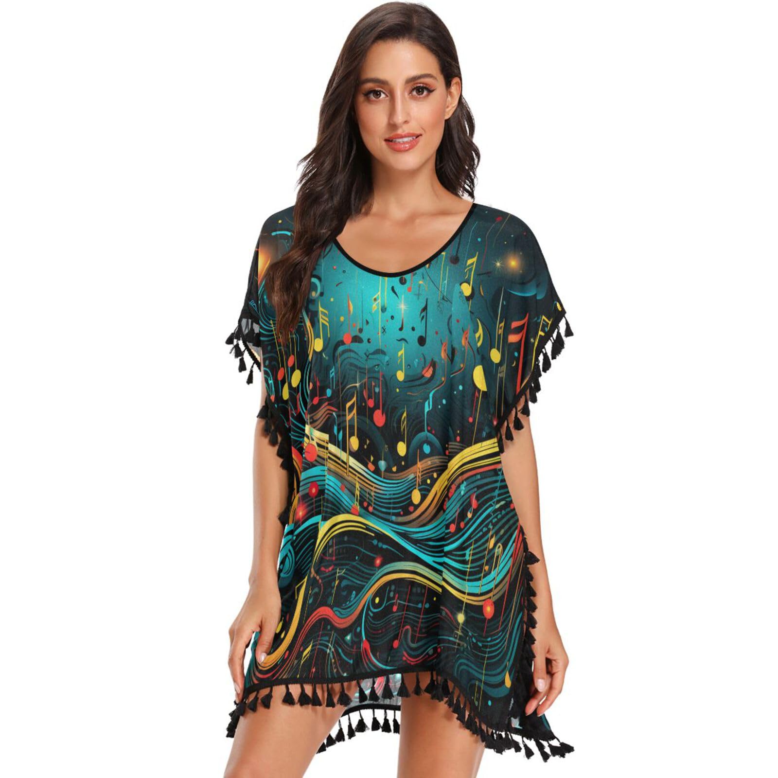 KAAVIYO Cool Abstract Music Notes Women's Beach Cover Up Chiffon Tassel Swimwear Swimsuit Coverups for Girl