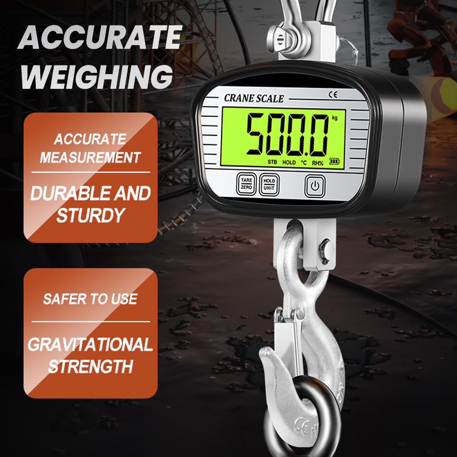Báscula de Grúa Digital, Báscula de Gancho Electrónica Retroiluminada LCD OIML Clase 3 de Alta Precisión con Control Remoto, para Sitio de Construcción de Fábrica Agrícola (2000KG)