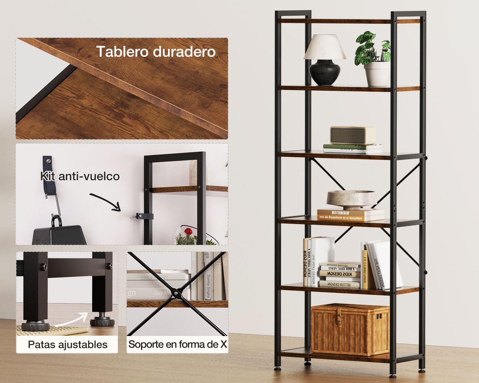 Coleshome Estantería 6 Niveles, Librería Almacenaje 177cm Marrón | Estantería 51cm Antivuelco Compacta Ahorra Espacio Exhibir Libros Plantas Decoración Salón Dormitorio Oficina