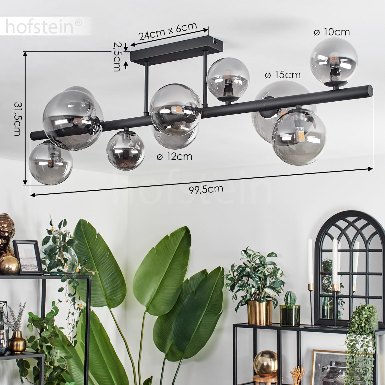 HOFSTEIN Plafoniera Chehalis, lampada da soffitto in metallo/vetro nero/fumé, illuminazione dal design moderno retrò/vintage con paralume in vetro (Ø 10 cm, 12 cm, 15 cm), 10 x G9, senza lampadine