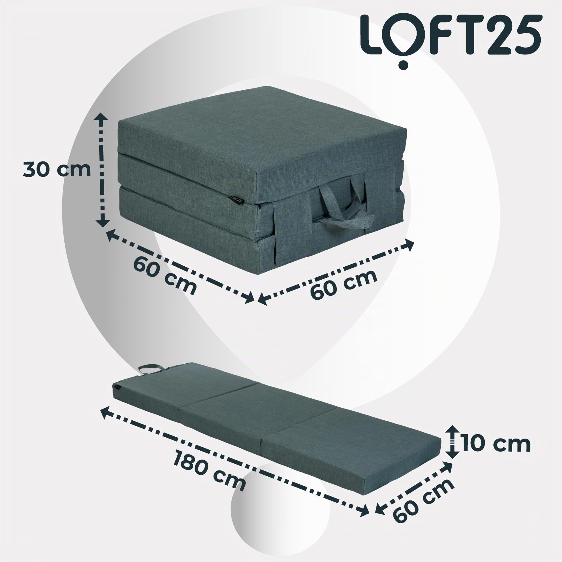Matelas pliant portable en mousse avec poignées de transport en tissu effet lin Bleu pâleMatelas d'appoint pliable pour le rangement.