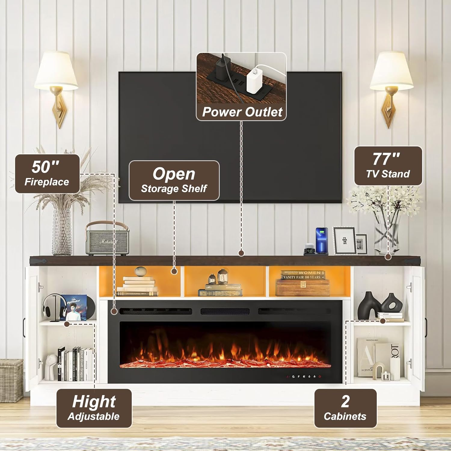 77" Fireplace TV Stand for 85 Inch TV, 50'' Electric Fireplace, Power Outlet, LED Farmhouse Media Entertainment Center Console Table for Living Room, White