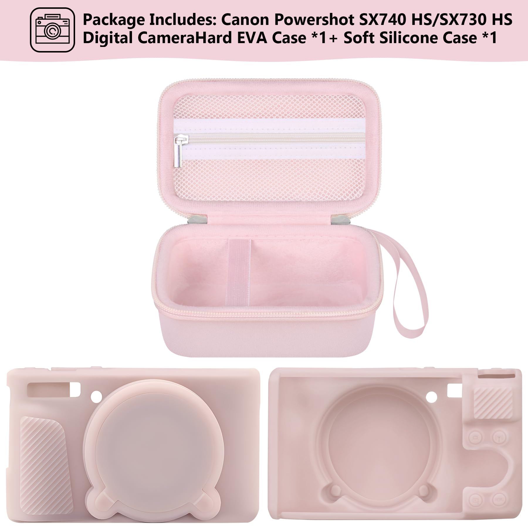 Custodia per fotocamera Canon PowerShot SX740 HS, SX730 HS,custodia rigida*1+custodia morbida in silicone*1,custodia protettiva morbida in silicone con copriobiettivo rimovibile, Rosa gelatina