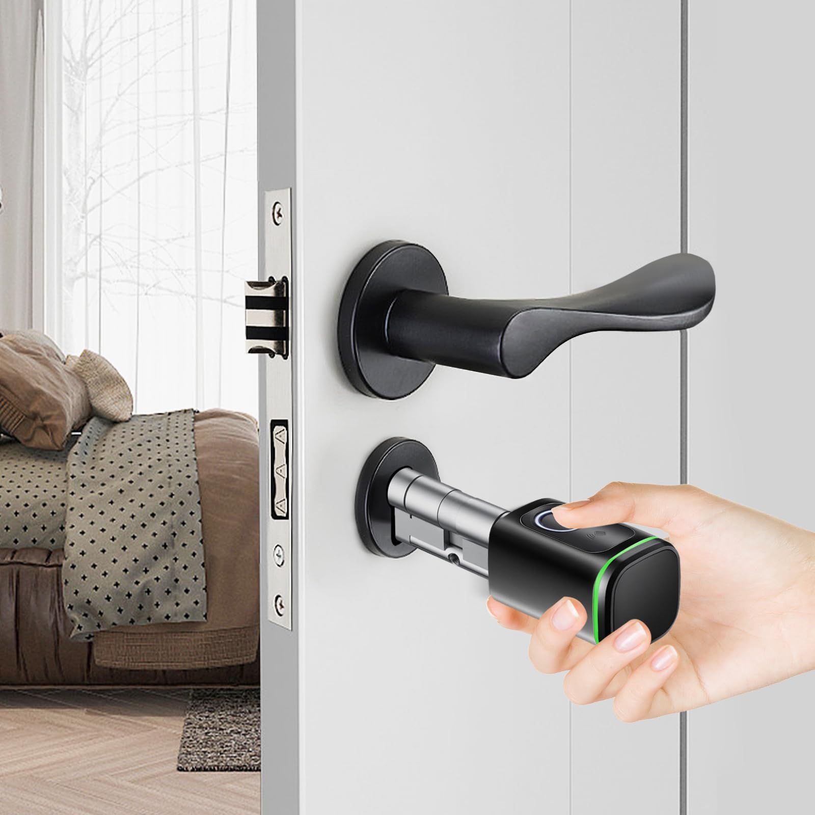 Serrure Connectée, Serrure Biometrique, Quatre modes d'ouverture(empreinte digitale, application, carte clé, clé manuelle), pour une Epaisseur de Porte de 1,38" à 1,77" (noir)
