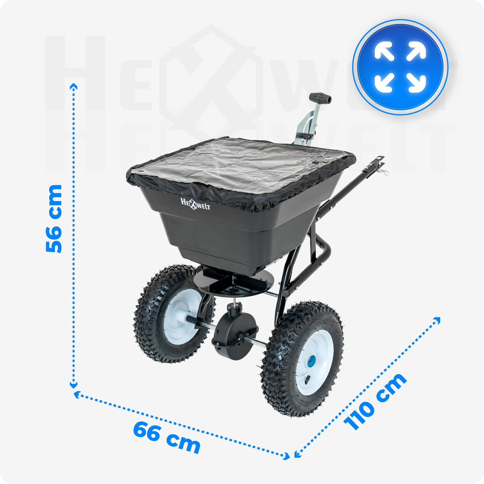 Streuwagen 30L für Rasentraktor, Anhängestreuer 3,5 m, Düngerstreuer, Saatgutstreuer für Rasensamen, Salzstreuer und Sandstreuer mit Luftreifen, HW-SPREADER