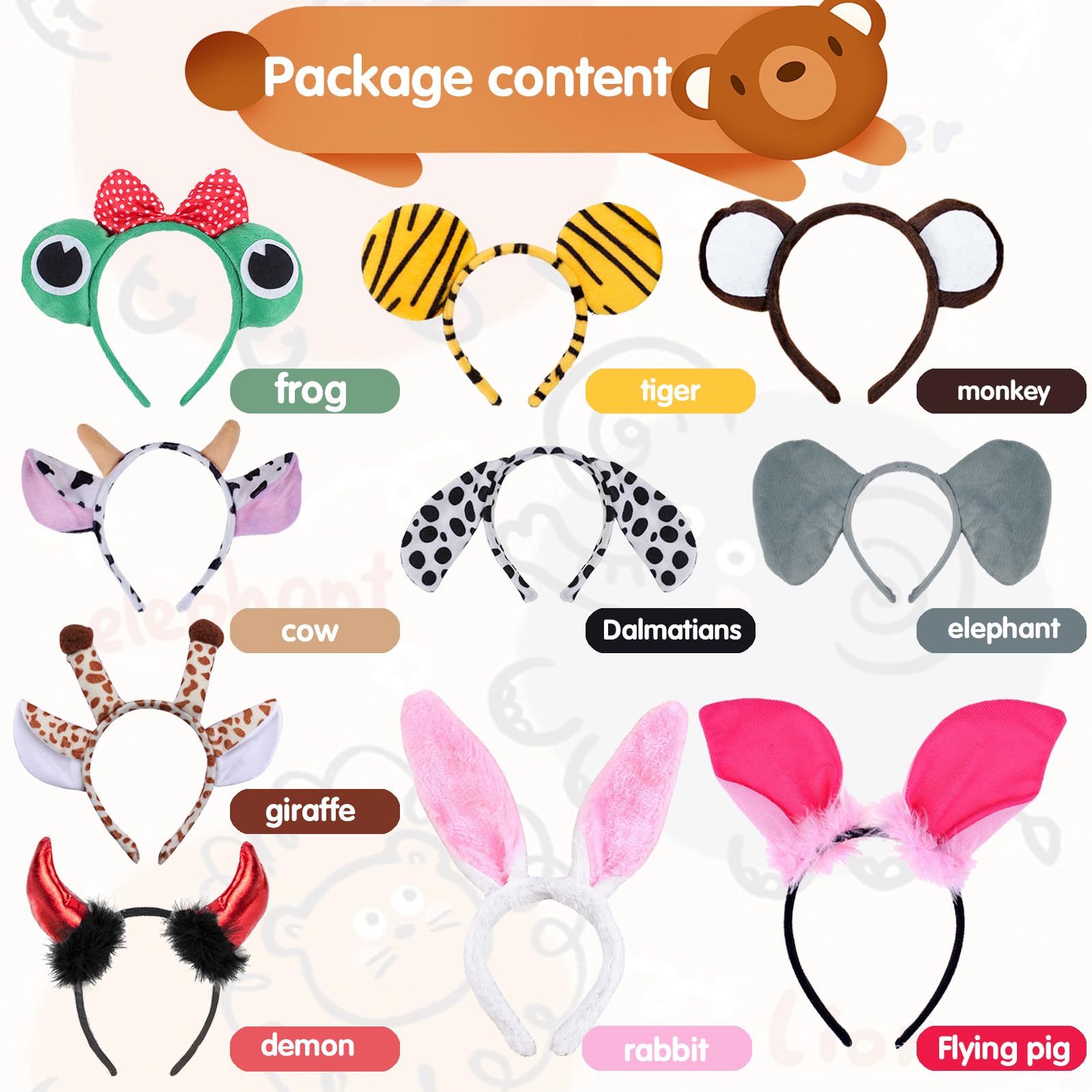 10 Pièces Serre Tete Enfant, Bandeau Animaux, Serre Tete Halloween Enfant Fête à Thème D'anniversaire de Carnaval Bandeau Cosplay Animaux pour Enfants et Adultes