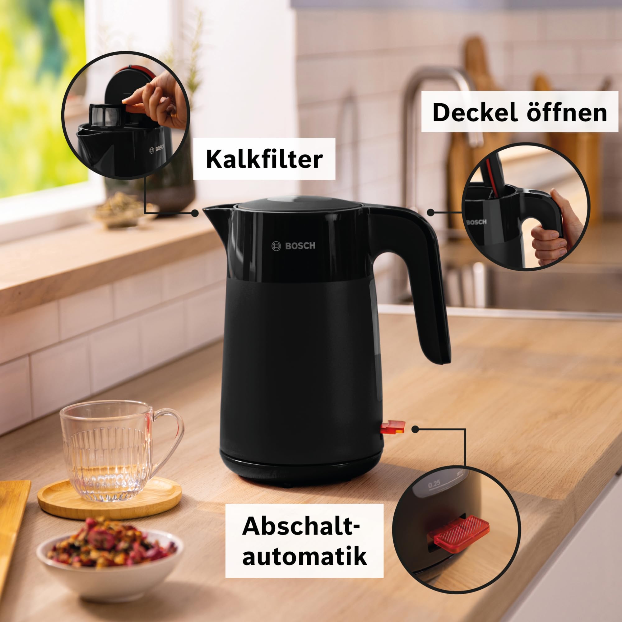 Bosch kabelloser Wasserkocher MyMoment TWK2M163, Abschaltautomatik, Überhitzungsschutz, Tassenanzeige, entnehmbarer Kalkfilter, Trockengehschutz, Dampfstopp-Automatik, 1,7 L, 2400 W, Schwarz matt