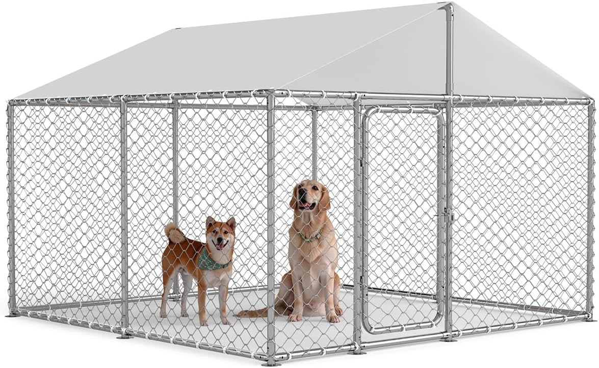 Heavy Duty Outdoor Dog Kennel with Waterproof Cover, UV-Resistant Roof, and Secure Locking Mechanism for Large Dogs, Durable Metal Enclosure for All Weather Conditions (93x93x63IN)