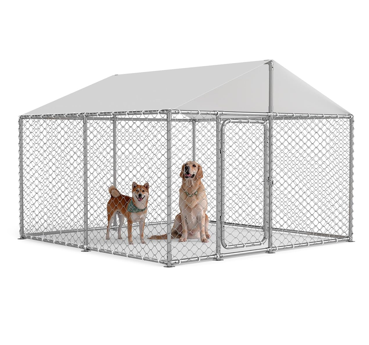 Heavy Duty Outdoor Dog Kennel with Waterproof Cover, UV-Resistant Roof, and Secure Locking Mechanism for Large Dogs, Durable Metal Enclosure for All Weather Conditions (90x90x63IN)