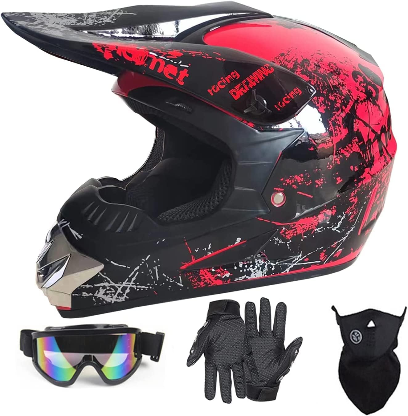 Motocross Helmet ATV Motorcycle Helmet SUV Mask + Goggles + Gloves,Pentagram Dirt Bike Downhill Off-Road Mountain Bike Helmet 4-Piece Set Unisex