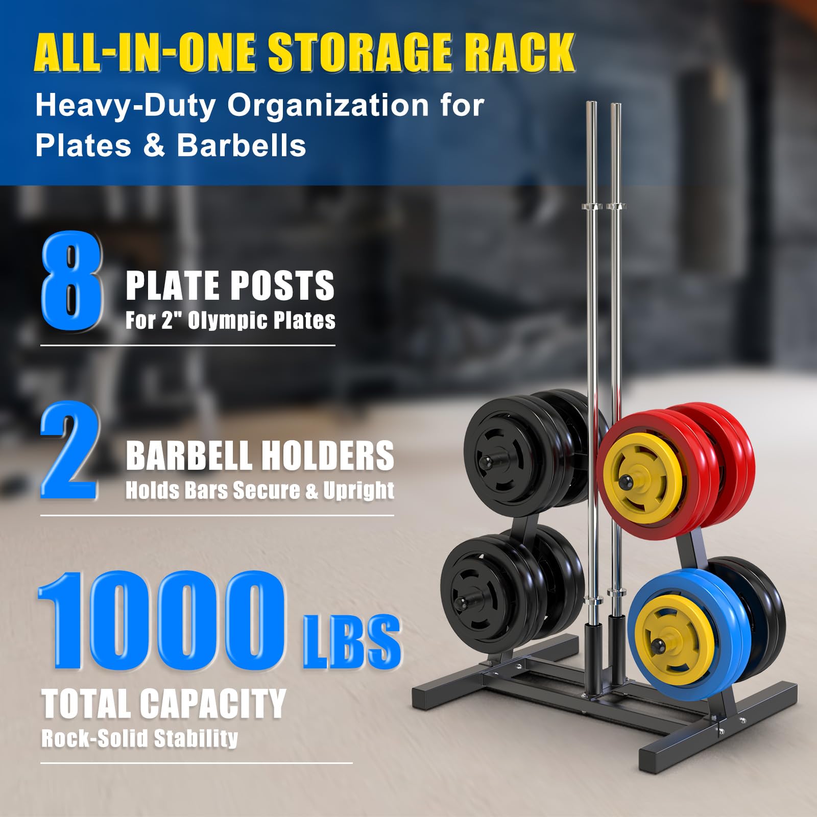 Kipika Gewichtsscheibenständer, Halter für 5 cm Olympia-Scheiben & 2 Langhantelhalter, robuster Bumper-Platten-Organizer für Heim-Fitnessstudio mit optionalen Rollen (A-Schwarz, ohne Rollen, 360 kg)