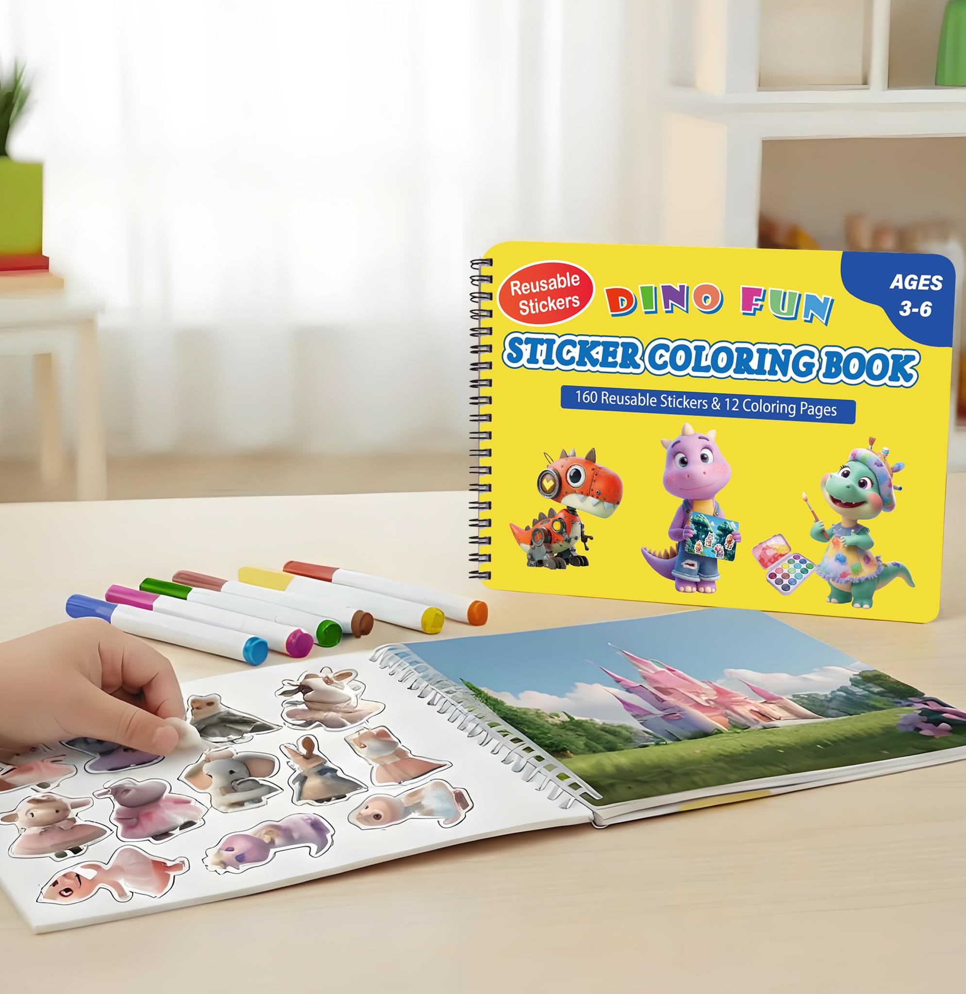 DinoFun Livre d'autocollants réutilisables pour enfants | Ensemble 2 en 1 avec plus de 160 autocollants, 6 marqueurs et 11 thèmes | Jouet de voyage éducatif pour enfants de 4 à 8 ans
