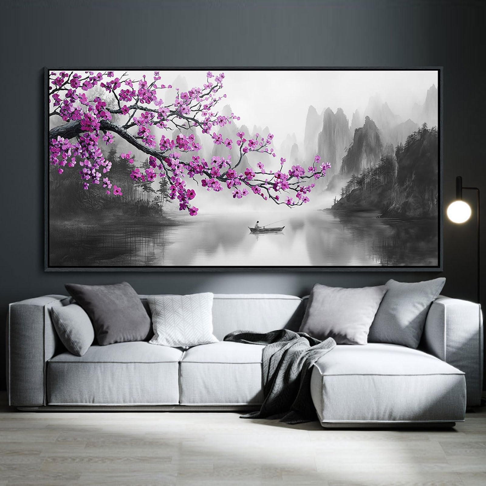 Large Purple Wall Art Decor for Living Room Bedroom Framed Black and White Landscape Full Moon Purple Flower Painting Canvas Picture Plum Blossom