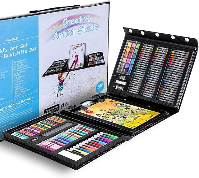 208 Pieces Art Set for Kids 6-12, Coloring Pencils Set, Art Supplies Set with Wax Crayons Watercolour Cake Colouring Pencils, Drawing Set for Children, Artists, Beginners