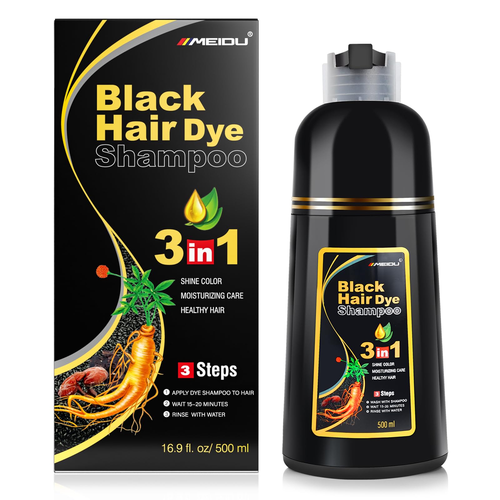 KINGMING Black Hair Dye Shampoo for Gray Coverage - 3 in 1 Herbal Instant color with 100% Cover for Women & Men (500ml)