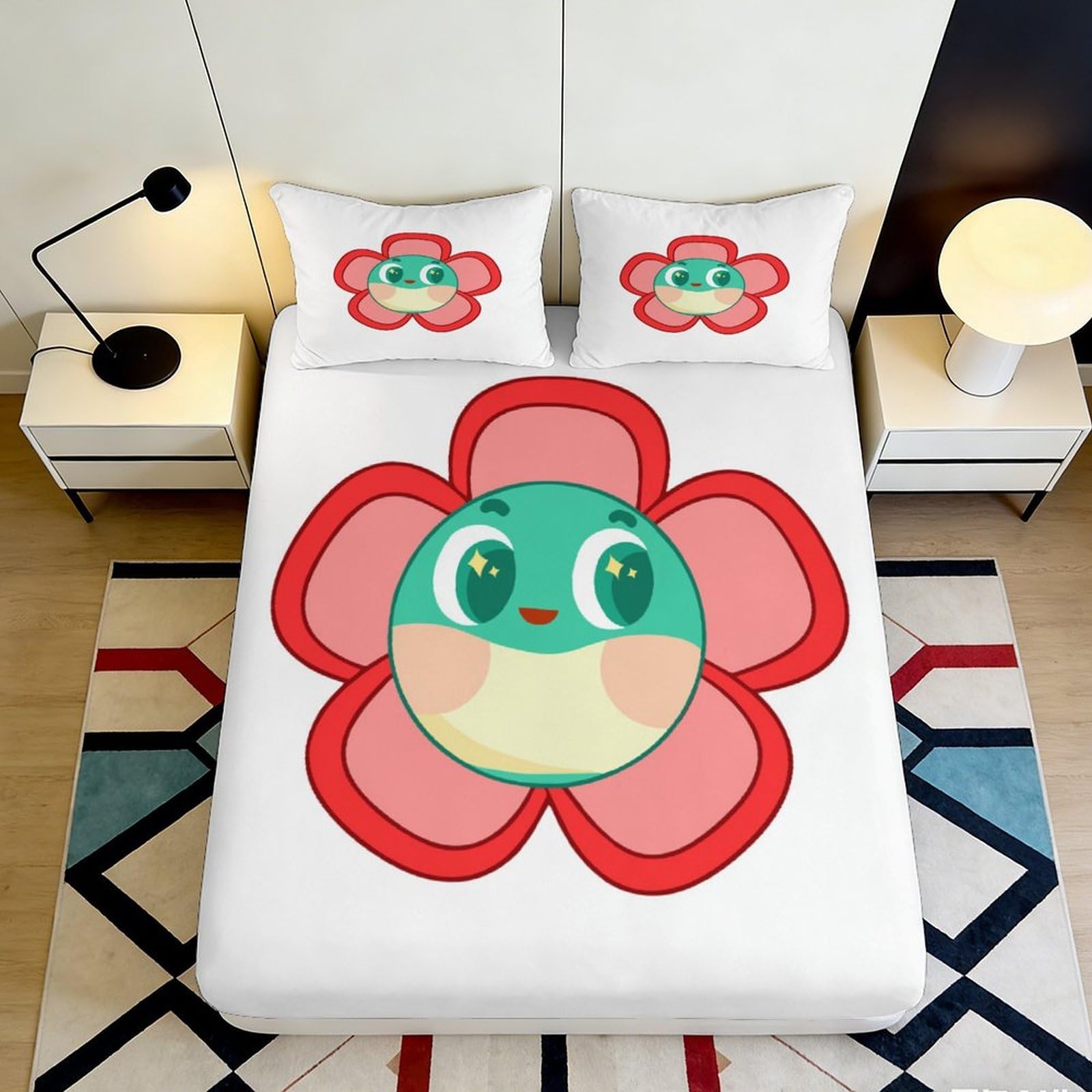 3D Printed Cartoon Flower Fitted Sheet Microfiber Soft Mattress Cover for Bedroom Dorm Decorative Easy Care 90x200x25cm