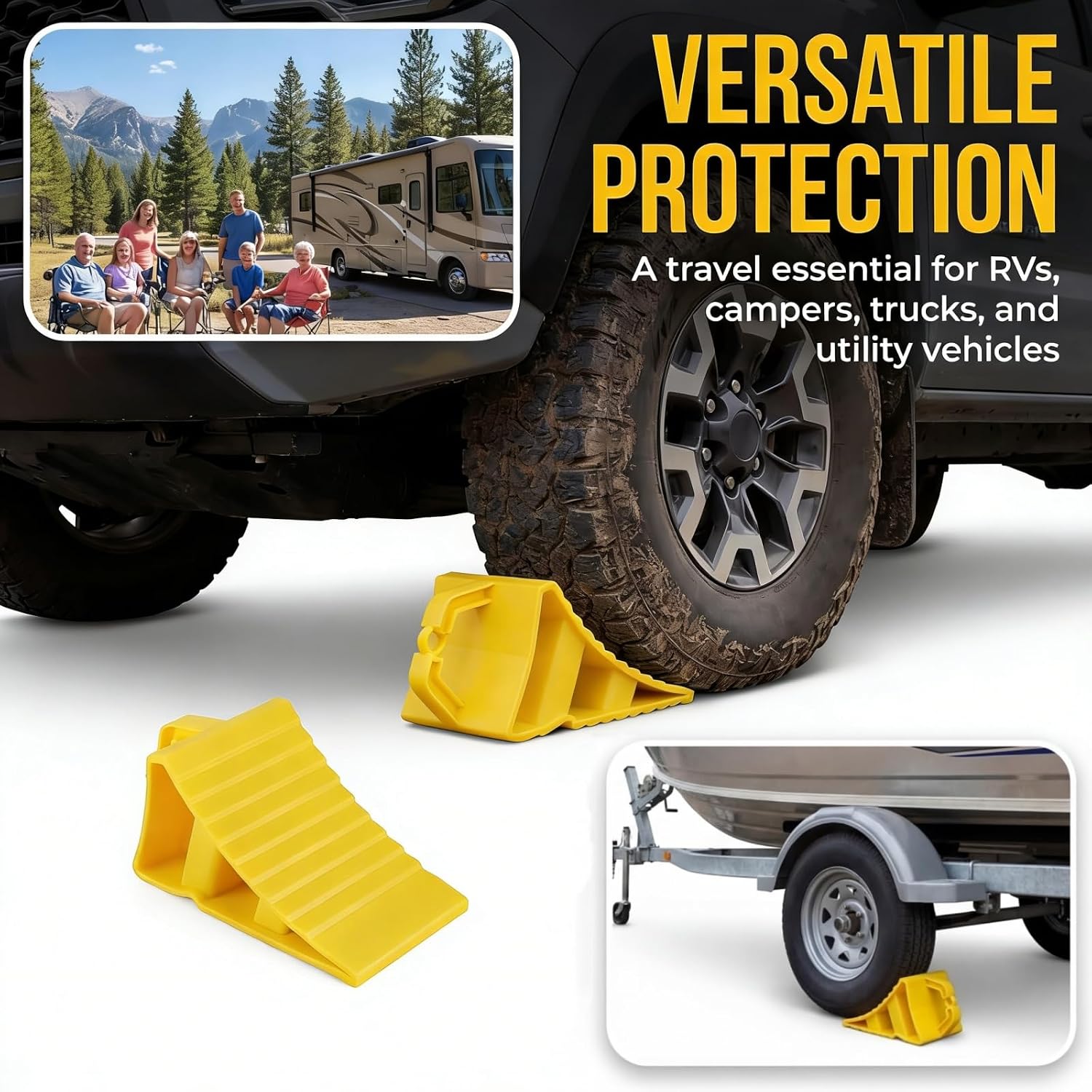 Covzoe 4 Pack Wheel Chocks for RV Trailer, Heavy Duty Wheel Stopper with Handle Easy Removal, Non Slip Tire Choke for Cars Campers Trucks RVs, Yellow