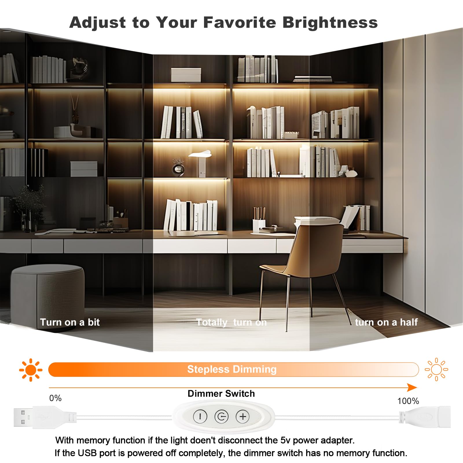 Striscia di luce USB bianca calda 3000K CRI92+ 5V COB striscia di luce LED con interruttore dimmer, striscia luminosa a LED da 10 W/6 piedi per mobili da cucina, camera da letto, illuminazione