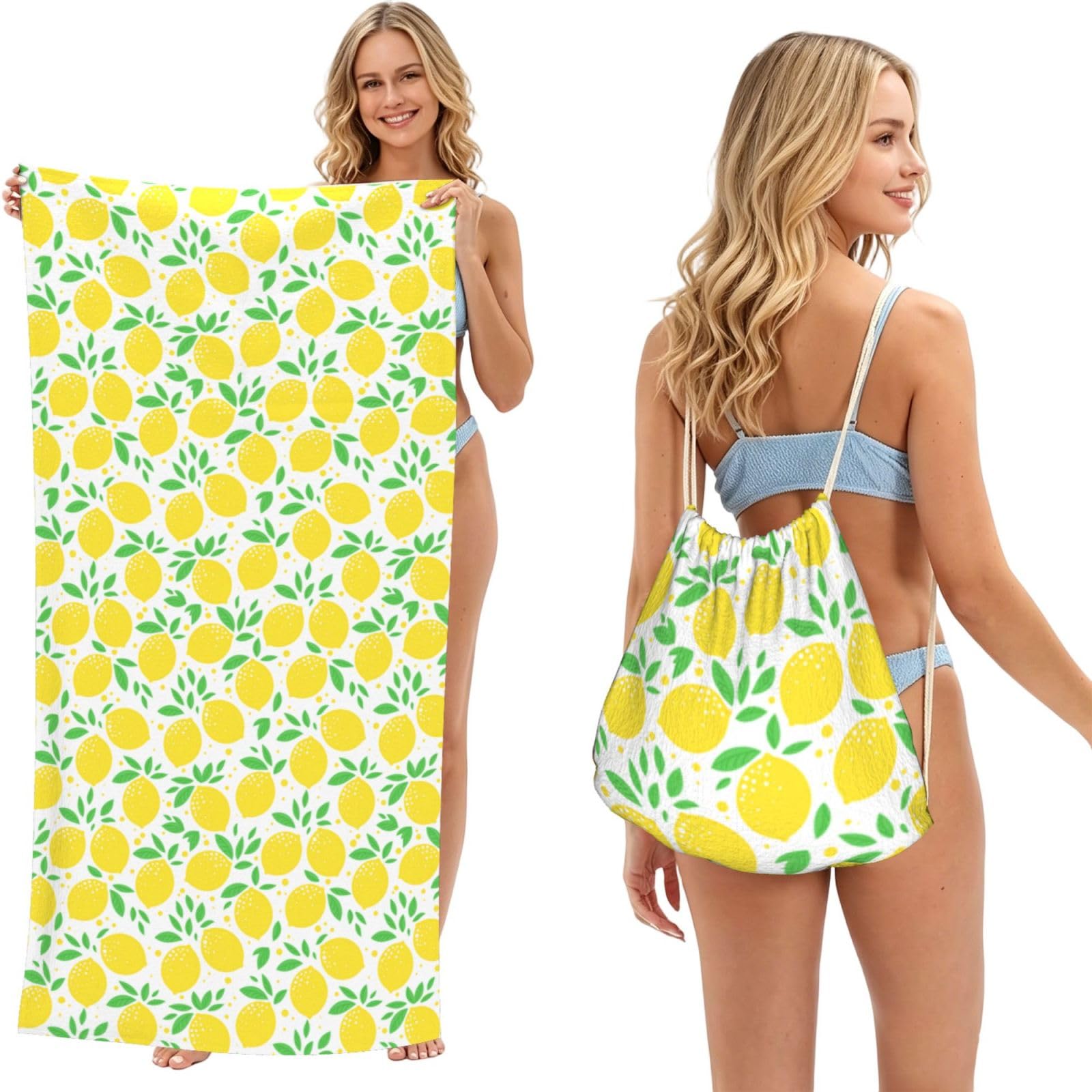 Poadnly As Picture Green Leaf Yellow Lemon Pattern, 2 In 1 Packable Towel Bag, Beach Towels With Drawstring Backpack For Travel Holiday Camping