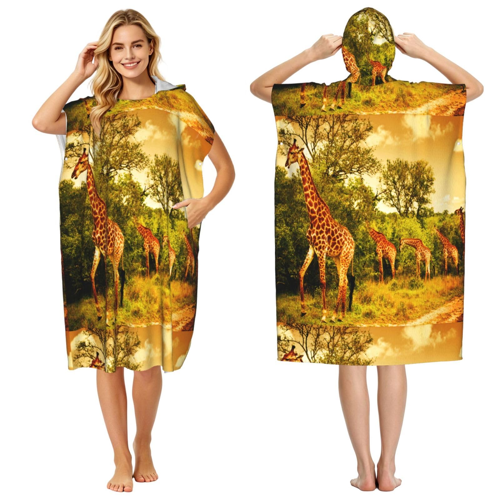 Poadnly Wild Giraffe, Adult Hooded Beach Towel 90 x 110 cm,Changing Bath Robe, Surf Poncho Towel For Women Men