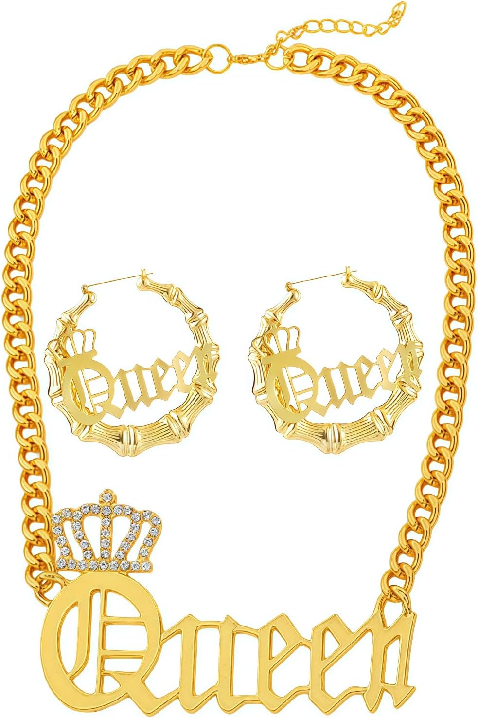 80s 90s Hip Hop Queen Costume Set, Gold Crown Necklace & Hoop Earrings