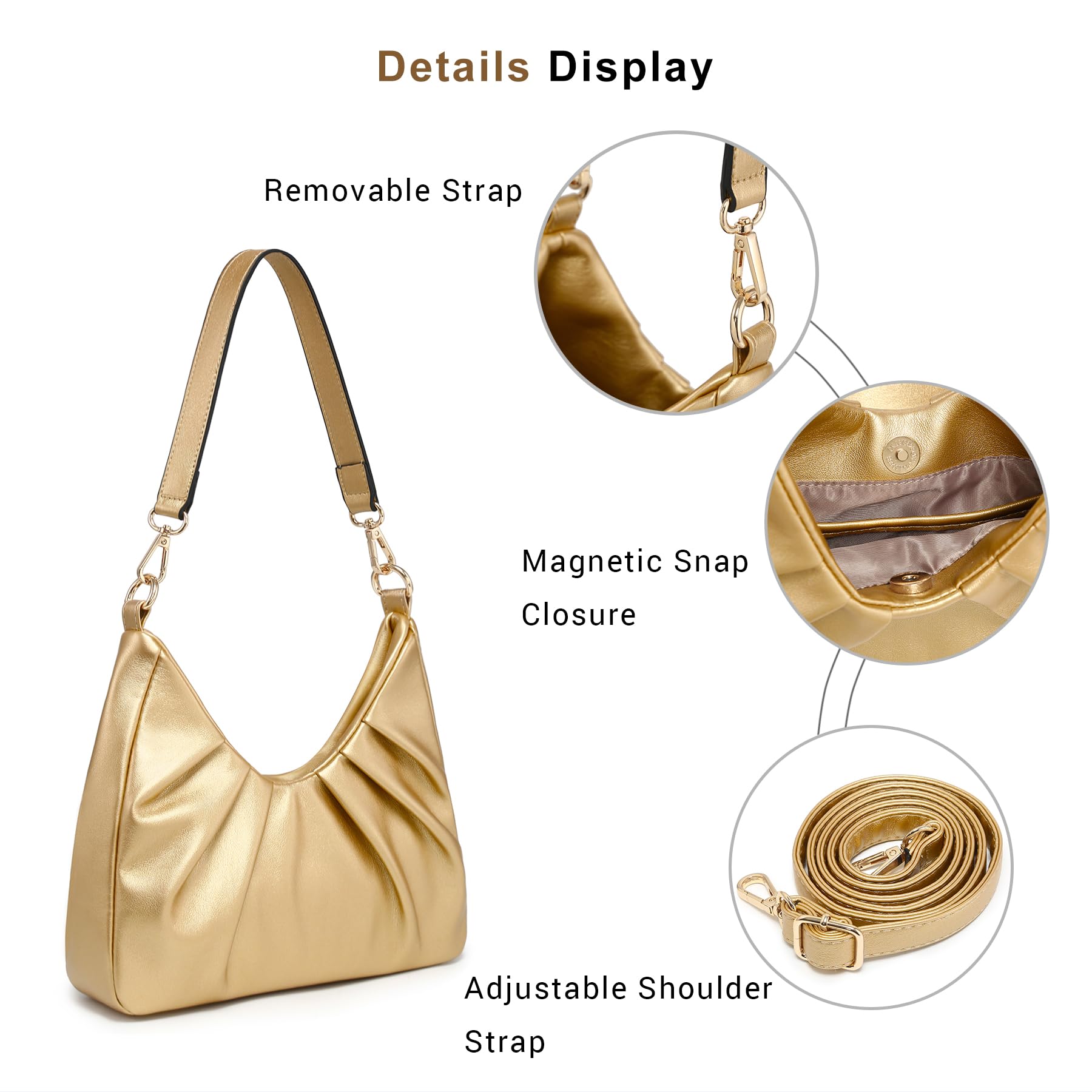 Dasein Bolso de mano estilo hobo fruncido para mujer, bolso cruzado retro con 2 correas extraíbles