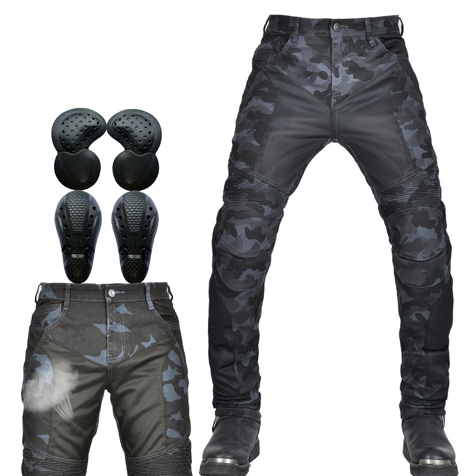 Homme Pantalon de Moto, Pantalon Moto Anti-Chute Respirant en Maille D'été Camouflage, avec Coussinets Protection CE Amovibles Jeans de Pantalon d'armure