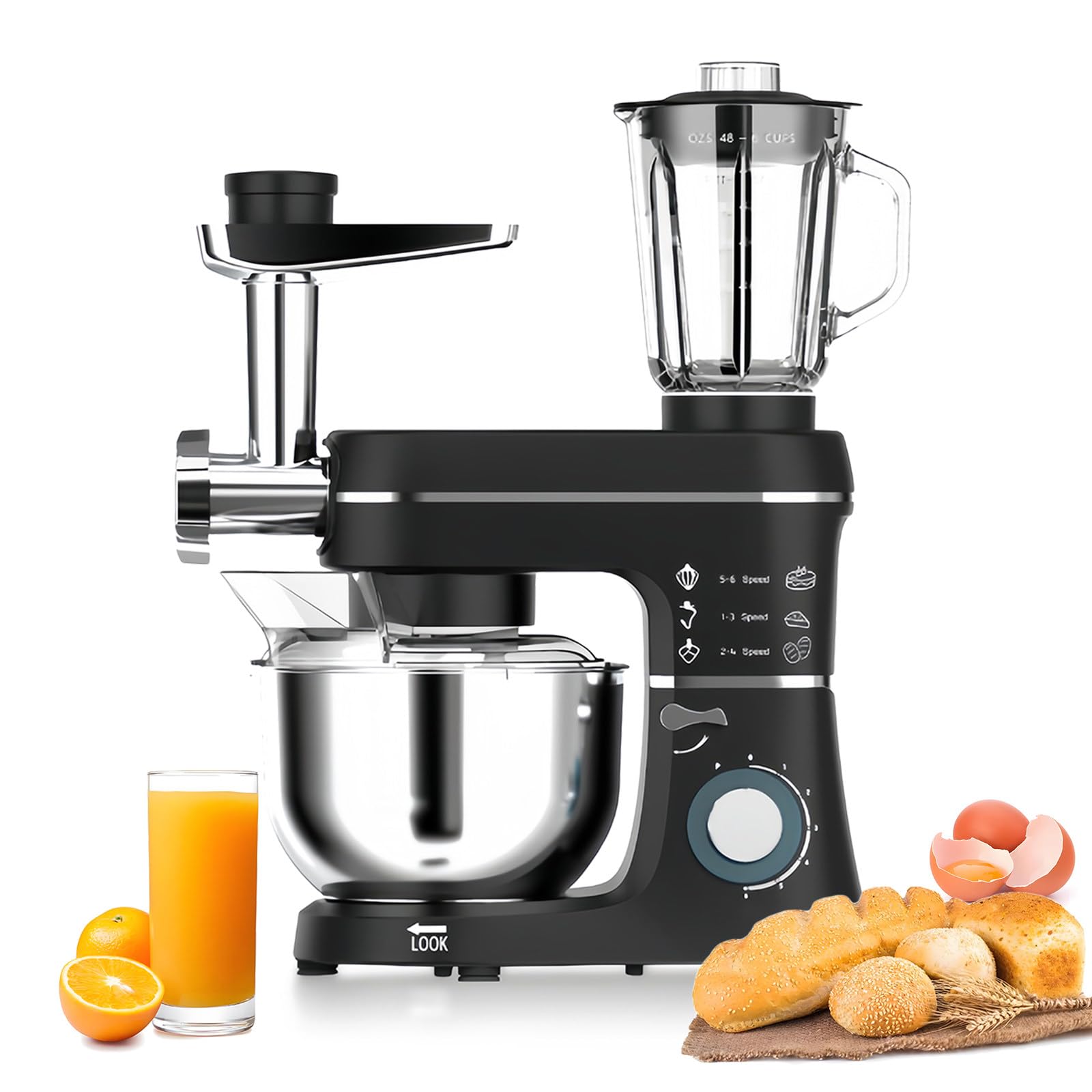 Machine de Cuisine Universelle 5 en 1 | avec Système de Battement Planétaire | Multifonctionnelle avec Hachoir à Viande | Presse-Agrumes de 1,5 L | Bol en Acier Inoxydable de 10 L,Black